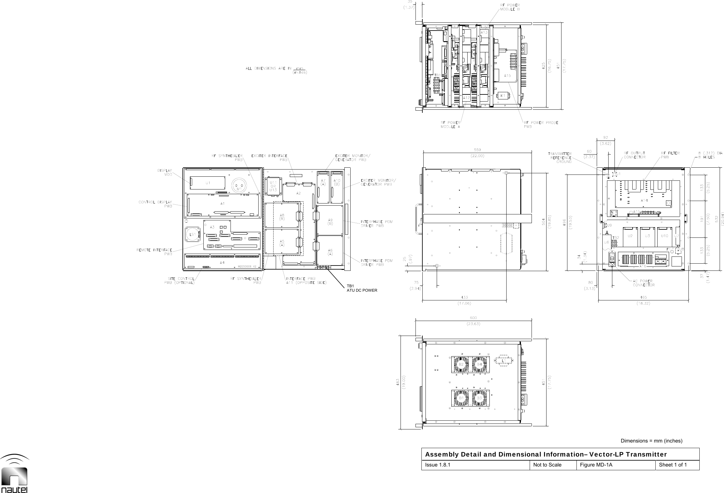  Dimensions = mm (inches) Assembly Detail and Dimensional Information– Vector-LP Transmitter Issue 1.8.1  Not to Scale  Figure MD-1A  Sheet 1 of 1  TB1 ATU DC POWER