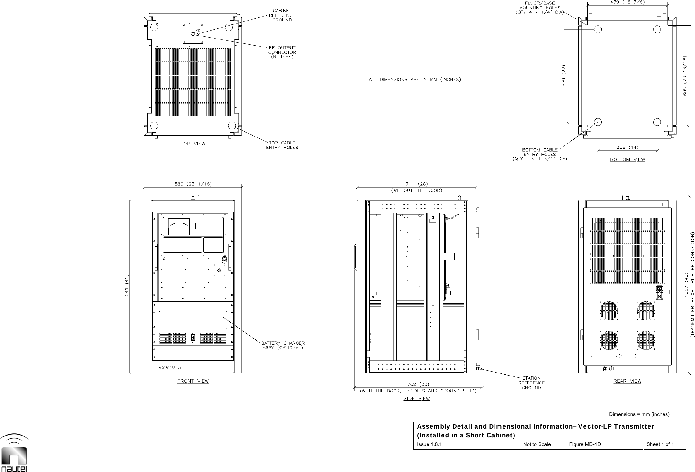  Dimensions = mm (inches) Assembly Detail and Dimensional Information– Vector-LP Transmitter (Installed in a Short Cabinet) Issue 1.8.1  Not to Scale  Figure MD-1D  Sheet 1 of 1  