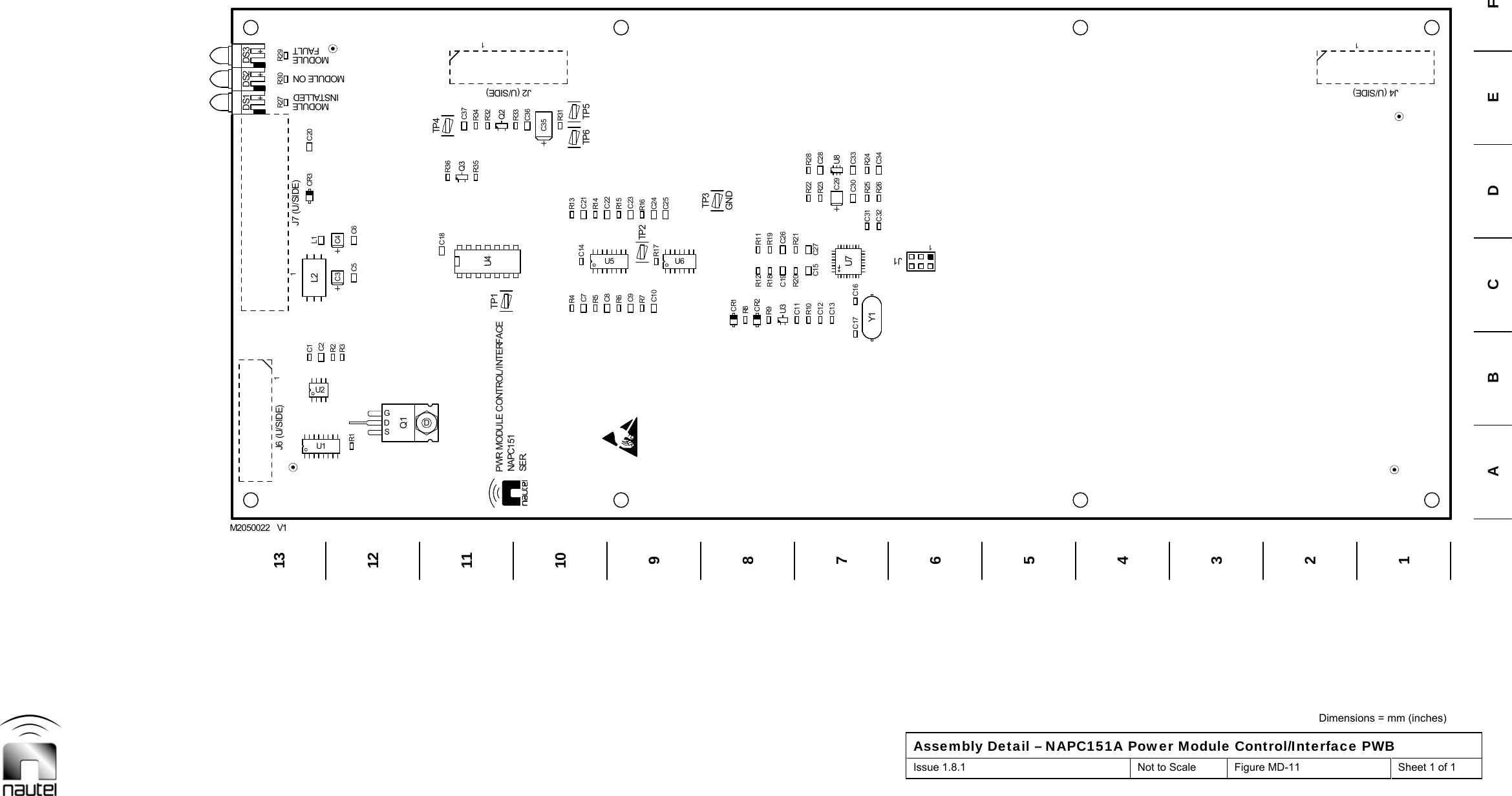  Dimensions = mm (inches) Assembly Detail – NAPC151A Power Module Control/Interface PWB Issue 1.8.1  Not to Scale  Figure MD-11  Sheet 1 of 1   C2L1R1R3C6C18Q3C37R32R33C35R4 R13R5C8R14C22C9 C23C10 C24C25R8R9 R19C11 R21C12C13R23C16C17 C30C32 R26C5C14R17R18R20C28C33C34U1C1R2CR3C4R30R27R36TP4R34C7 C21Q2C36R31TP6 TP5R6R7R15R16CR1CR2U3R10R11C26C27R22Y1C31C29R25U2L2C3R29C20R35TP2U6R12C19C15R28U7U8R24Q1GDSDTP1+DS2+DS1TP31U4+DS3U51J111113111098754321B E12M2050022   V16ACDFGNDSER.J7 (U/SIDE)NAPC151INSTALLEDJ6 (U/SIDE)FAULTMODULEMODULEMODULE ONPWR MODULE CONTROL/INTERFACEJ2 (U/SIDE)J4 (U/SIDE)