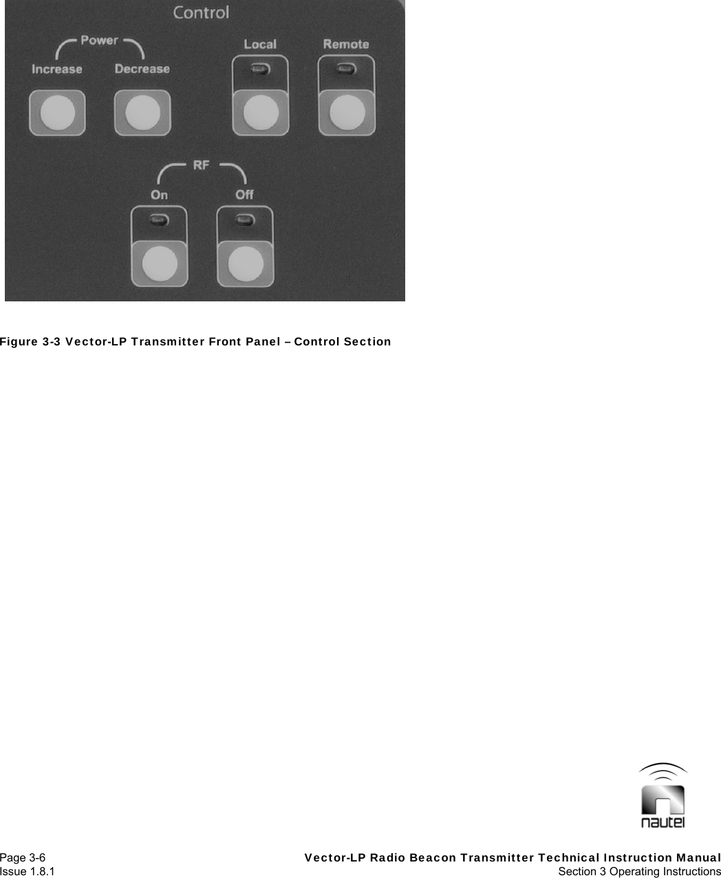   Page 3-6  Vector-LP Radio Beacon Transmitter Technical Instruction Manual Issue 1.8.1  Section 3 Operating Instructions       Figure 3-3 Vector-LP Transmitter Front Panel – Control Section   