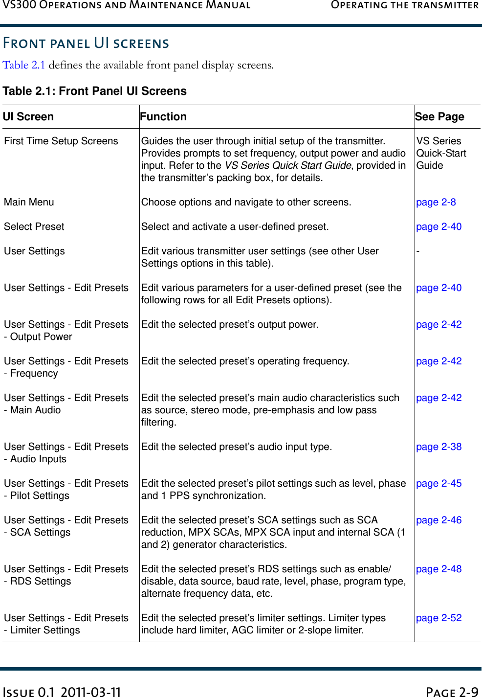 VS300 Operations and Maintenance Manual Operating the transmitterIssue 0.1  2011-03-11 Page 2-9Front panel UI screensTable 2.1 defines the available front panel display screens. Table 2.1: Front Panel UI ScreensUI Screen Function See PageFirst Time Setup Screens Guides the user through initial setup of the transmitter. Provides prompts to set frequency, output power and audio input. Refer to the VS Series Quick Start Guide, provided in the transmitter’s packing box, for details.VS SeriesQuick-Start GuideMain Menu Choose options and navigate to other screens.  page 2-8Select Preset Select and activate a user-defined preset.  page 2-40User Settings Edit various transmitter user settings (see other User Settings options in this table).-User Settings - Edit Presets Edit various parameters for a user-defined preset (see the following rows for all Edit Presets options).page 2-40User Settings - Edit Presets - Output PowerEdit the selected preset’s output power. page 2-42User Settings - Edit Presets - FrequencyEdit the selected preset’s operating frequency. page 2-42User Settings - Edit Presets - Main AudioEdit the selected preset’s main audio characteristics such as source, stereo mode, pre-emphasis and low pass filtering.page 2-42User Settings - Edit Presets - Audio InputsEdit the selected preset’s audio input type. page 2-38User Settings - Edit Presets - Pilot SettingsEdit the selected preset’s pilot settings such as level, phase and 1 PPS synchronization.page 2-45User Settings - Edit Presets - SCA SettingsEdit the selected preset’s SCA settings such as SCA reduction, MPX SCAs, MPX SCA input and internal SCA (1 and 2) generator characteristics.page 2-46User Settings - Edit Presets - RDS SettingsEdit the selected preset’s RDS settings such as enable/disable, data source, baud rate, level, phase, program type, alternate frequency data, etc.page 2-48User Settings - Edit Presets - Limiter SettingsEdit the selected preset’s limiter settings. Limiter types include hard limiter, AGC limiter or 2-slope limiter.page 2-52