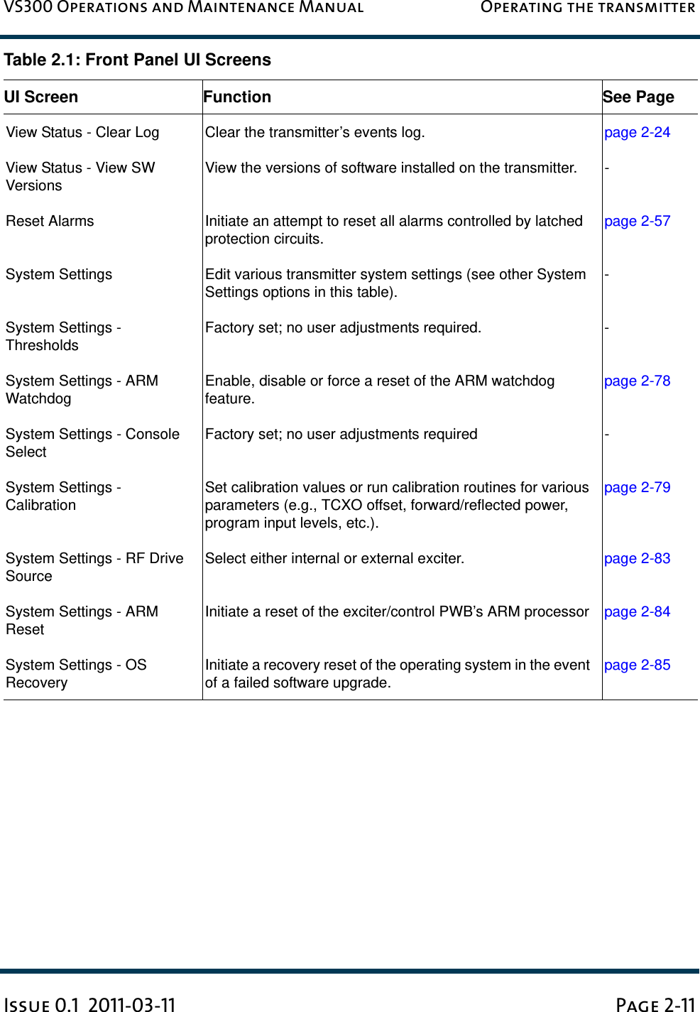 VS300 Operations and Maintenance Manual Operating the transmitterIssue 0.1  2011-03-11 Page 2-11View Status - Clear Log Clear the transmitter’s events log. page 2-24View Status - View SW VersionsView the versions of software installed on the transmitter. -Reset Alarms Initiate an attempt to reset all alarms controlled by latched protection circuits.page 2-57System Settings Edit various transmitter system settings (see other System Settings options in this table).-System Settings - ThresholdsFactory set; no user adjustments required. -System Settings - ARM WatchdogEnable, disable or force a reset of the ARM watchdog feature.page 2-78System Settings - Console SelectFactory set; no user adjustments required -System Settings - CalibrationSet calibration values or run calibration routines for various parameters (e.g., TCXO offset, forward/reflected power, program input levels, etc.).page 2-79System Settings - RF Drive SourceSelect either internal or external exciter. page 2-83System Settings - ARM ResetInitiate a reset of the exciter/control PWB’s ARM processor page 2-84System Settings - OS RecoveryInitiate a recovery reset of the operating system in the event of a failed software upgrade.page 2-85Table 2.1: Front Panel UI ScreensUI Screen Function See Page