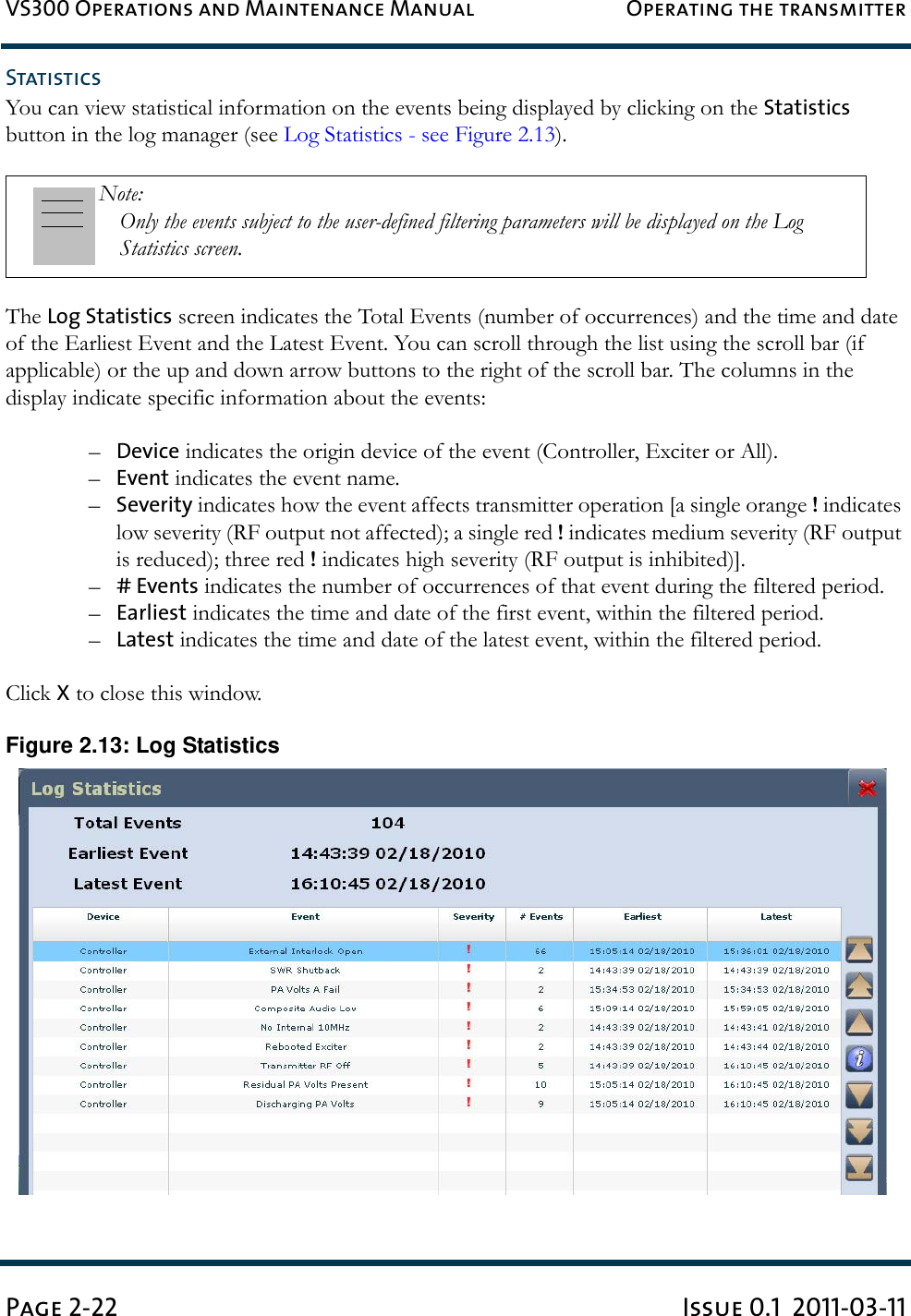 VS300 Operations and Maintenance Manual Operating the transmitterPage 2-22 Issue 0.1  2011-03-11StatisticsYou can view statistical information on the events being displayed by clicking on the Statistics button in the log manager (see Log Statistics - see Figure 2.13).The Log Statistics screen indicates the Total Events (number of occurrences) and the time and date of the Earliest Event and the Latest Event. You can scroll through the list using the scroll bar (if applicable) or the up and down arrow buttons to the right of the scroll bar. The columns in the display indicate specific information about the events:–Device indicates the origin device of the event (Controller, Exciter or All).–Event indicates the event name.–Severity indicates how the event affects transmitter operation [a single orange ! indicates low severity (RF output not affected); a single red ! indicates medium severity (RF output is reduced); three red ! indicates high severity (RF output is inhibited)].–# Events indicates the number of occurrences of that event during the filtered period.–Earliest indicates the time and date of the first event, within the filtered period.–Latest indicates the time and date of the latest event, within the filtered period.Click X to close this window.Figure 2.13: Log StatisticsNote: Only the events subject to the user-defined filtering parameters will be displayed on the Log Statistics screen.