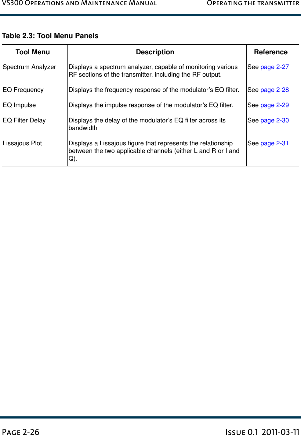 VS300 Operations and Maintenance Manual Operating the transmitterPage 2-26 Issue 0.1  2011-03-11Table 2.3: Tool Menu PanelsTool Menu Description ReferenceSpectrum Analyzer Displays a spectrum analyzer, capable of monitoring various RF sections of the transmitter, including the RF output.See page 2-27EQ Frequency Displays the frequency response of the modulator’s EQ filter. See page 2-28EQ Impulse Displays the impulse response of the modulator’s EQ filter. See page 2-29EQ Filter Delay Displays the delay of the modulator’s EQ filter across its bandwidthSee page 2-30Lissajous Plot Displays a Lissajous figure that represents the relationship between the two applicable channels (either L and R or I and Q).See page 2-31