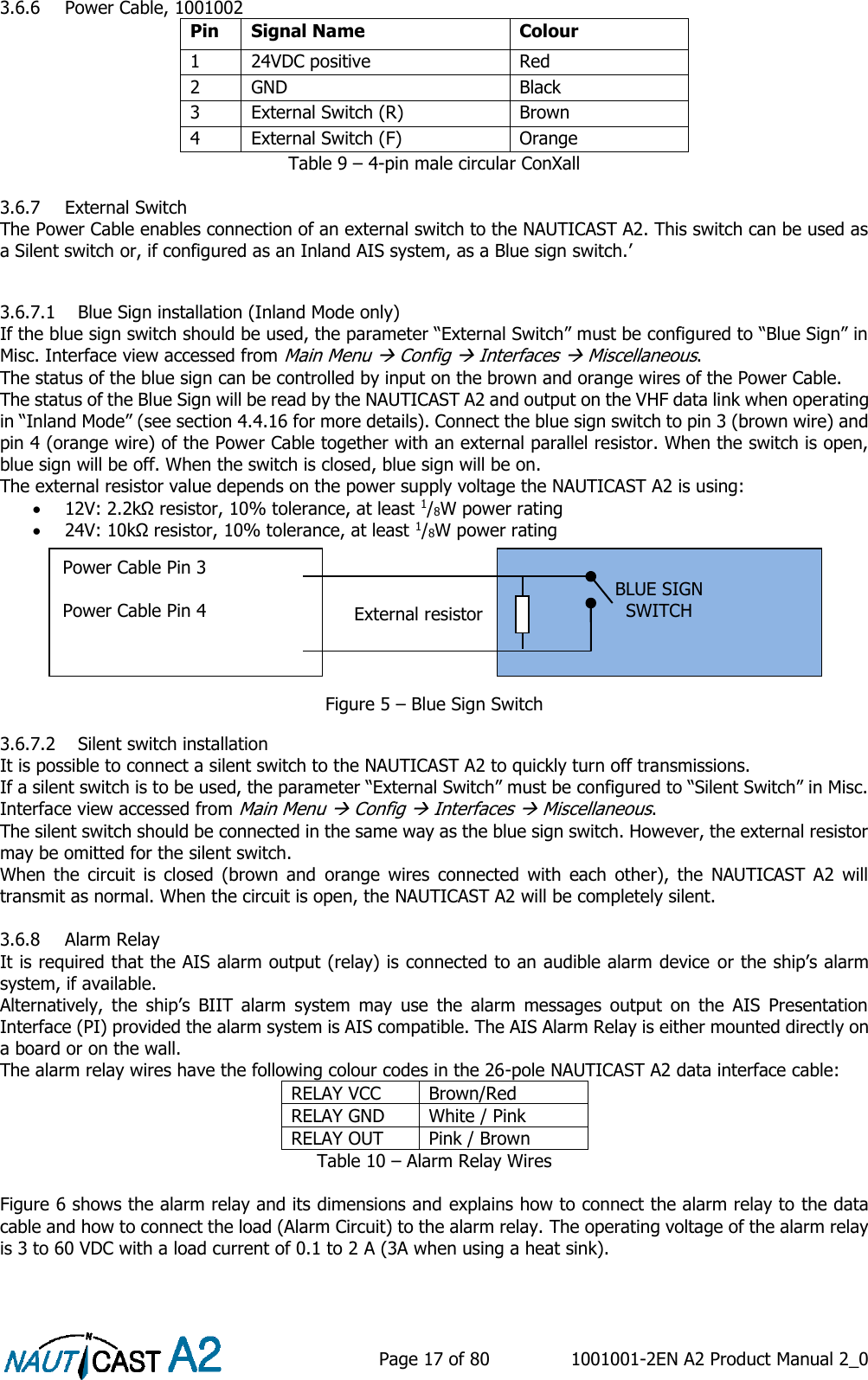    Page 17 of 80  1001001-2EN A2 Product Manual 2_0   3.6.6 Power Cable, 1001002 Pin Signal Name Colour 1 24VDC positive Red 2 GND Black 3 External Switch (R) Brown 4 External Switch (F) Orange Table 9 – 4-pin male circular ConXall  3.6.7 External Switch The Power Cable enables connection of an external switch to the NAUTICAST A2. This switch can be used as a Silent switch or, if configured as an Inland AIS system, as a Blue sign switch.’  3.6.7.1 Blue Sign installation (Inland Mode only) If the blue sign switch should be used, the parameter “External Switch” must be configured to “Blue Sign” in Misc. Interface view accessed from Main Menu  Config  Interfaces  Miscellaneous.  The status of the blue sign can be controlled by input on the brown and orange wires of the Power Cable. The status of the Blue Sign will be read by the NAUTICAST A2 and output on the VHF data link when operating in “Inland Mode” (see section 4.4.16 for more details). Connect the blue sign switch to pin 3 (brown wire) and pin 4 (orange wire) of the Power Cable together with an external parallel resistor. When the switch is open, blue sign will be off. When the switch is closed, blue sign will be on. The external resistor value depends on the power supply voltage the NAUTICAST A2 is using:  12V: 2.2kΩ resistor, 10% tolerance, at least 1/8W power rating  24V: 10kΩ resistor, 10% tolerance, at least 1/8W power rating        Figure 5 – Blue Sign Switch 3.6.7.2 Silent switch installation It is possible to connect a silent switch to the NAUTICAST A2 to quickly turn off transmissions. If a silent switch is to be used, the parameter “External Switch” must be configured to “Silent Switch” in Misc. Interface view accessed from Main Menu  Config  Interfaces  Miscellaneous. The silent switch should be connected in the same way as the blue sign switch. However, the external resistor may be omitted for the silent switch. When  the  circuit  is  closed  (brown  and  orange  wires  connected  with  each  other),  the  NAUTICAST  A2  will transmit as normal. When the circuit is open, the NAUTICAST A2 will be completely silent.  3.6.8 Alarm Relay It is required that the AIS alarm output (relay) is connected to an audible alarm device  or the ship’s alarm system, if available. Alternatively,  the  ship’s  BIIT  alarm  system  may  use  the  alarm  messages  output  on  the  AIS  Presentation Interface (PI) provided the alarm system is AIS compatible. The AIS Alarm Relay is either mounted directly on a board or on the wall. The alarm relay wires have the following colour codes in the 26-pole NAUTICAST A2 data interface cable: RELAY VCC Brown/Red RELAY GND White / Pink RELAY OUT Pink / Brown Table 10 – Alarm Relay Wires  Figure 6 shows the alarm relay and its dimensions and explains how to connect the alarm relay to the data cable and how to connect the load (Alarm Circuit) to the alarm relay. The operating voltage of the alarm relay is 3 to 60 VDC with a load current of 0.1 to 2 A (3A when using a heat sink).   BLUE SIGN SWITCH  Power Cable Pin 3  Power Cable Pin 4 External resistor 