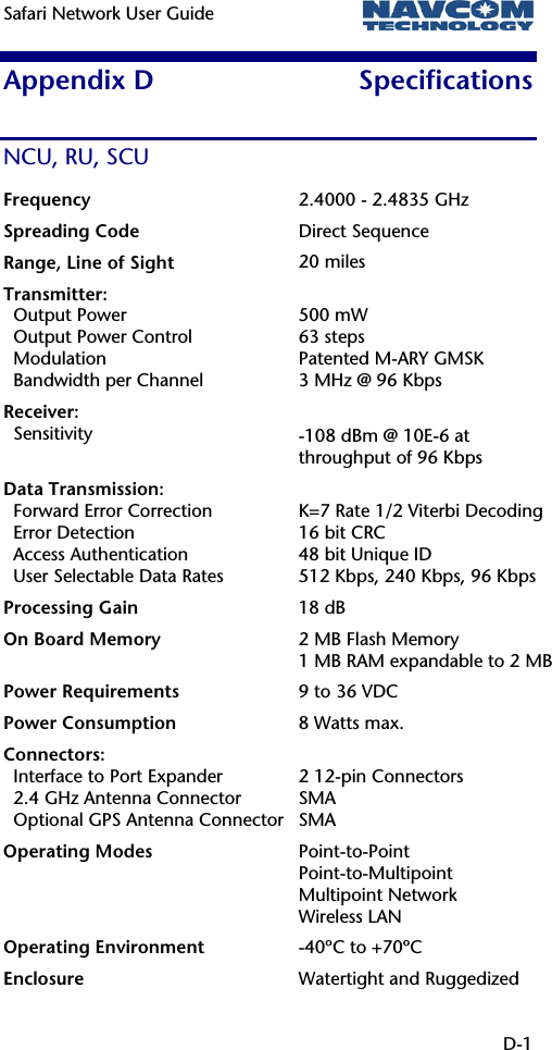 Safari Network User Guide    D-1 Appendix D  Specifications NCU, RU, SCU Frequency  2.4000 - 2.4835 GHz Spreading Code  Direct Sequence Range, Line of Sight  20 miles Transmitter: Output Power Output Power Control Modulation Bandwidth per Channel  500 mW 63 steps Patented M-ARY GMSK 3 MHz @ 96 Kbps Receiver: Sensitivity  -108 dBm @ 10E-6 at throughput of 96 Kbps Data Transmission: Forward Error Correction Error Detection Access Authentication User Selectable Data Rates  K=7 Rate 1/2 Viterbi Decoding16 bit CRC 48 bit Unique ID 512 Kbps, 240 Kbps, 96 Kbps Processing Gain  18 dB On Board Memory  2 MB Flash Memory 1 MB RAM expandable to 2 MBPower Requirements  9 to 36 VDC Power Consumption  8 Watts max. Connectors: Interface to Port Expander 2.4 GHz Antenna Connector Optional GPS Antenna Connector  2 12-pin Connectors SMA SMA Operating Modes  Point-to-Point Point-to-Multipoint Multipoint Network Wireless LAN Operating Environment  -40ºC to +70ºC Enclosure  Watertight and Ruggedized 