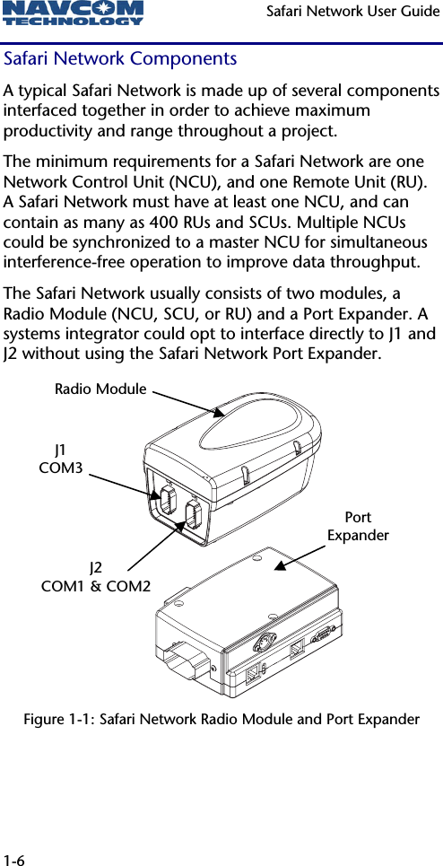   Safari Network User Guide  1-6 Safari Network Components A typical Safari Network is made up of several components interfaced together in order to achieve maximum productivity and range throughout a project.  The minimum requirements for a Safari Network are one Network Control Unit (NCU), and one Remote Unit (RU). A Safari Network must have at least one NCU, and can contain as many as 400 RUs and SCUs. Multiple NCUs could be synchronized to a master NCU for simultaneous interference-free operation to improve data throughput. The Safari Network usually consists of two modules, a Radio Module (NCU, SCU, or RU) and a Port Expander. A systems integrator could opt to interface directly to J1 and J2 without using the Safari Network Port Expander.             Figure 1-1: Safari Network Radio Module and Port Expander Radio ModulePort ExpanderJ1 COM3 J2 COM1 &amp; COM2 