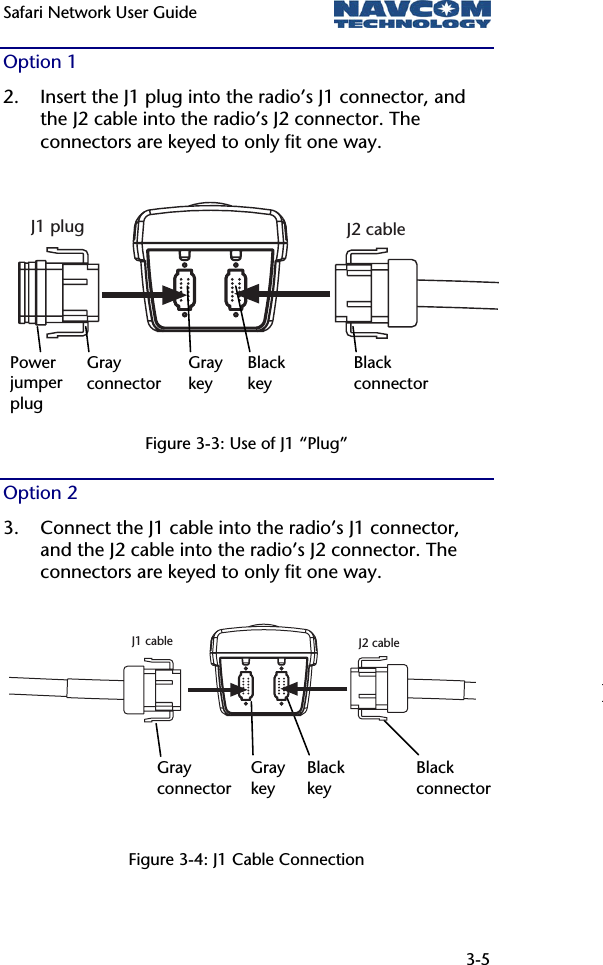 Safari Network User Guide  3-5  J1 plug J2 cableOption 1 2. Insert the J1 plug into the radio’s J1 connector, and the J2 cable into the radio’s J2 connector. The connectors are keyed to only fit one way.       Figure 3-3: Use of J1 “Plug” Option 2 3. Connect the J1 cable into the radio’s J1 connector, and the J2 cable into the radio’s J2 connector. The connectors are keyed to only fit one way.       Figure 3-4: J1 Cable Connection Power jumper plug Gray connector Gray key Black key Black connector Gray connector Gray key Black key Black connector J1 cable J2 cable
