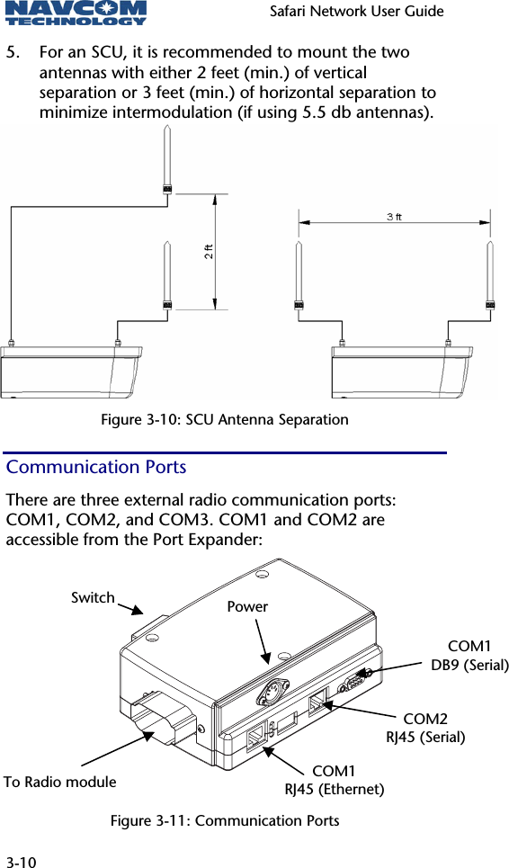   Safari Network User Guide  3-10 5. For an SCU, it is recommended to mount the two antennas with either 2 feet (min.) of vertical separation or 3 feet (min.) of horizontal separation to minimize intermodulation (if using 5.5 db antennas).       Figure 3-10: SCU Antenna Separation Communication Ports There are three external radio communication ports: COM1, COM2, and COM3. COM1 and COM2 are accessible from the Port Expander:         Figure 3-11: Communication Ports COM1 DB9 (Serial) To Radio module  COM1 RJ45 (Ethernet)COM2 RJ45 (Serial) Switch  Power 
