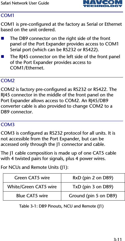 Safari Network User Guide  3-11  COM1 COM1 is pre-configured at the factory as Serial or Ethernet based on the unit ordered.  The DB9 connector on the right side of the front panel of the Port Expander provides access to COM1 Serial port (which can be RS232 or RS422).  The RJ45 connector on the left side of the front panel of the Port Expander provides access to COM1/Ethernet. COM2 COM2 is factory pre-configured as RS232 or RS422. The RJ45 connector in the middle of the front panel on the Port Expander allows access to COM2. An RJ45/DB9 converter cable is also provided to change COM2 to a DB9 connector. COM3 COM3 is configured as RS232 protocol for all units. It is not accessible from the Port Expander, but can be accessed only through the J1 connector and cable. The J1 cable composition is made up of one CAT5 cable with 4 twisted pairs for signals, plus 4 power wires. For NCUs and Remote Units (J1): Green CAT5 wire  RxD (pin 2 on DB9) White/Green CAT5 wire  TxD (pin 3 on DB9) Blue CAT5 wire  Ground (pin 5 on DB9) Table 3-1: DB9 Pinouts, NCU and Remote (J1) 