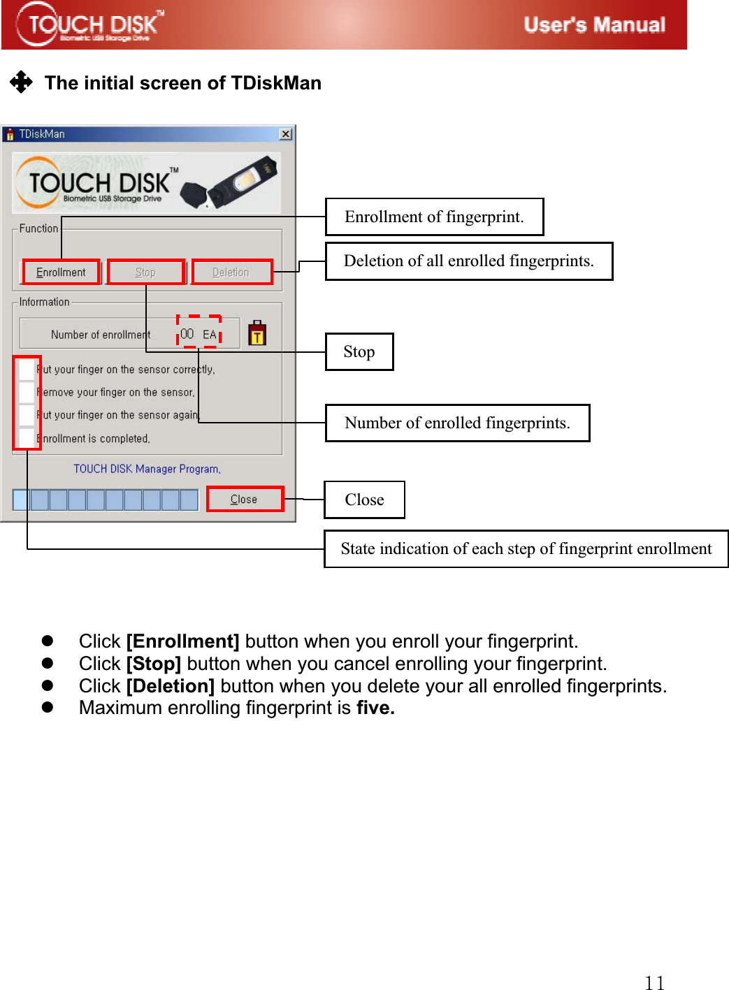 GXXGGThe initial screen of TDiskMan   GGGGGGGGGGG GGGGGGGGGGGGz Click [Enrollment] button when you enroll your fingerprint. z Click [Stop] button when you cancel enrolling your fingerprint. z Click [Deletion] button when you delete your all enrolled fingerprints. z Maximum enrolling fingerprint is five.GGGGGGGGGNumber of enrolled fingerprints.Stop Enrollment of fingerprint.Deletion of all enrolled fingerprints.CloseState indication of each step of fingerprint enrollment 