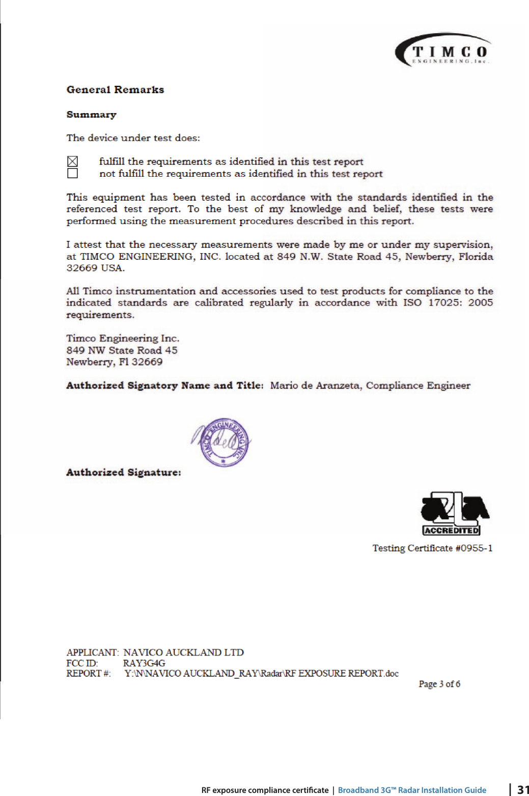 |  31 RF exposure compliance certi cate  |  Broadband 3G™ Radar Installation Guide