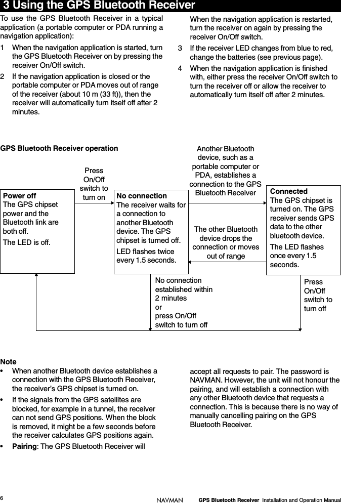 6GPS Bluetooth Receiver  Installation and Operation ManualNAVMAN3 Using the GPS Bluetooth ReceiverPressOn/Offswitch toturn onPower offThe GPS chipsetpower and theBluetooth link areboth off.The LED is off.No connectionThe receiver waits fora connection toanother Bluetoothdevice. The GPSchipset is turned off.LED flashes twiceevery 1.5 seconds.ConnectedThe GPS chipset isturned on. The GPSreceiver sends GPSdata to the otherbluetooth device.The LED flashesonce every 1.5seconds.No connectionestablished within2 minutesorpress On/Offswitch to turn offAnother Bluetoothdevice, such as aportable computer orPDA, establishes aconnection to the GPSBluetooth ReceiverThe other Bluetoothdevice drops theconnection or movesout of rangePressOn/Offswitch toturn offNote• When another Bluetooth device establishes aconnection with the GPS Bluetooth Receiver,the receiver’s GPS chipset is turned on.• If the signals from the GPS satellites areblocked, for example in a tunnel, the receivercan not send GPS positions. When the blockis removed, it might be a few seconds beforethe receiver calculates GPS positions again.•Pairing: The GPS Bluetooth Receiver willaccept all requests to pair. The password isNAVMAN. However, the unit will not honour thepairing, and will establish a connection withany other Bluetooth device that requests aconnection. This is because there is no way ofmanually cancelling pairing on the GPSBluetooth Receiver.To use the GPS Bluetooth Receiver in a typicalapplication (a portable computer or PDA running anavigation application):1 When the navigation application is started, turnthe GPS Bluetooth Receiver on by pressing thereceiver On/Off switch.2 If the navigation application is closed or theportable computer or PDA moves out of rangeof the receiver (about 10 m (33 ft)), then thereceiver will automatically turn itself off after 2minutes.When the navigation application is restarted,turn the receiver on again by pressing thereceiver On/Off switch.3 If the receiver LED changes from blue to red,change the batteries (see previous page).4 When the navigation application is finishedwith, either press the receiver On/Off switch toturn the receiver off or allow the receiver toautomatically turn itself off after 2 minutes.GPS Bluetooth Receiver operation