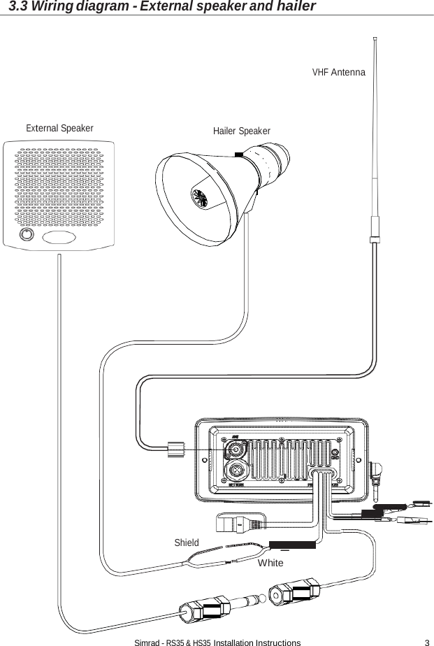 Simrad - RS35 &amp; HS35 Installation Instructions 3  VHF Antenna Link8 VHF 5 3.3 Wiring diagram - External speaker and hailer    VHF Antenna    External Speaker Hailer Speaker                            Shield   White 
