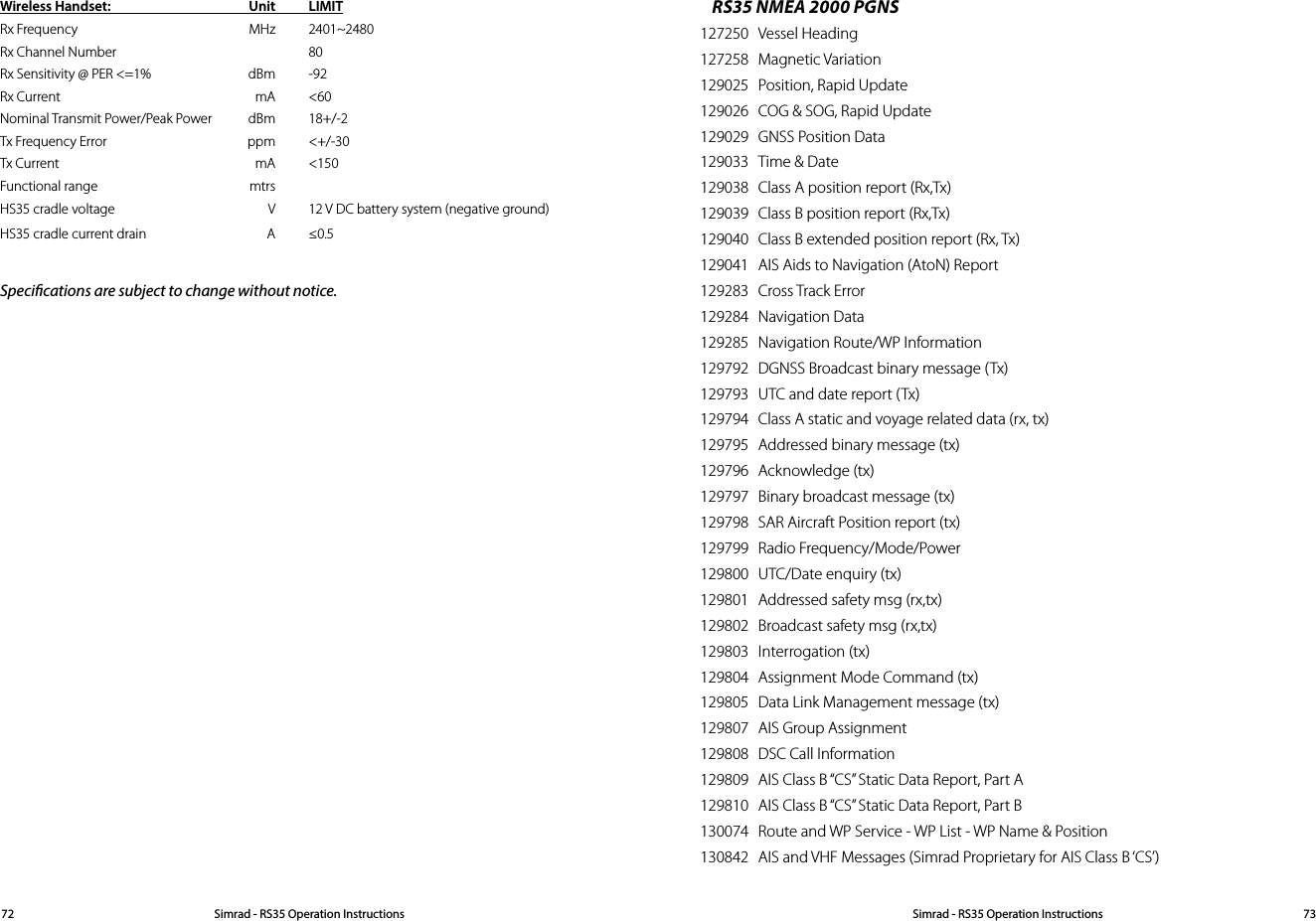 RS35 NMEA 2000 PGNS 127250  Vessel Heading127258  Magnetic Variation129025  Position, Rapid Update129026  COG &amp; SOG, Rapid Update129029  GNSS Position Data129033  Time &amp; Date129038  Class A position report (Rx,Tx)129039  Class B position report (Rx,Tx)129040  Class B extended position report (Rx, Tx)129041  AIS Aids to Navigation (AtoN) Report129283  Cross Track Error129284  Navigation Data129285  Navigation Route/WP Information129792  DGNSS Broadcast binary message (Tx)129793  UTC and date report (Tx)129794  Class A static and voyage related data (rx, tx)129795  Addressed binary message (tx)129796  Acknowledge (tx)129797  Binary broadcast message (tx)129798  SAR Aircraft Position report (tx)129799  Radio Frequency/Mode/Power129800  UTC/Date enquiry (tx)129801  Addressed safety msg (rx,tx)129802  Broadcast safety msg (rx,tx)129803  Interrogation (tx)129804  Assignment Mode Command (tx)129805  Data Link Management message (tx)129807  AIS Group Assignment129808  DSC Call Information129809  AIS Class B “CS” Static Data Report, Part A129810  AIS Class B “CS” Static Data Report, Part B130074  Route and WP Service - WP List - WP Name &amp; Position130842  AIS and VHF Messages (Simrad Proprietary for AIS Class B ‘CS’)Wireless Handset:  Unit LIMITRx Frequency  MHz  2401~2480Rx Channel Number    80Rx Sensitivity @ PER &lt;=1%  dBm  -92Rx Current  mA  &lt;60Nominal Transmit Power/Peak Power  dBm  18+/-2 Tx Frequency Error  ppm  &lt;+/-30Tx Current  mA  &lt;150Functional range  mtrs HS35 cradle voltage  V  12 V DC battery system (negative ground)HS35 cradle current drain  A  ≤0.5Specications are subject to change without notice. Simrad - RS35 Operation InstructionsSimrad - RS35 Operation Instructions 7372