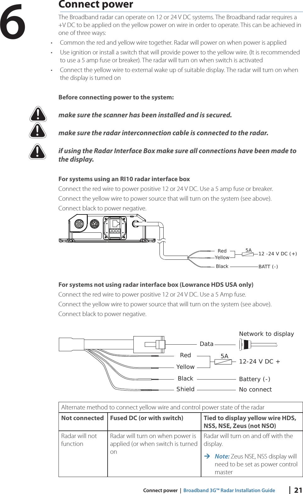|  21 Connect power  |  Broadband 3G™ Radar Installation Guide Connect  powerThe Broadband radar can operate on 12 or 24 V DC systems. The Broadband radar requires a +V DC to be applied on the yellow power on wire in order to operate. This can be achieved in one of three ways:•  Common the red and yellow wire together. Radar will power on when power is applied•  Use ignition or install a switch that will provide power to the yellow wire. (It is recommended to use a 5 amp fuse or breaker). The radar will turn on when switch is activated •  Connect the yellow wire to external wake up of suitable display. The radar will turn on when the display is turned onBefore connecting power to the system:make sure the scanner has been installed and is secured.make sure the radar interconnection cable is connected to the radar.if using the Radar Interface Box make sure all connections have been made to the display.For systems using an RI10 radar interface boxConnect the red wire to power positive 12 or 24 V DC. Use a 5 amp fuse or breaker.Connect the yellow wire to power source that will turn on the system (see above).Connect black to power negative.RedYellowBlack12 -24 V DC (+)BATT (-)5AFor systems not using radar interface box (Lowrance HDS USA only)Connect the red wire to power positive 12 or 24 V DC. Use a 5 Amp fuse. Connect the yellow wire to power source that will turn on the system (see above).Connect black to power negative. DataRed 5AYellow 12-24 V DC +BlackShieldBattery (-)No connectNetwork to displayAlternate method to connect yellow wire and control power state of the radarNot connected Fused DC (or with switch) Tied to display yellow wire HDS, NSS, NSE, Zeus (not NSO)Radar will not functionRadar will turn on when power is applied (or when switch is turned onRadar will turn on and oﬀ  with the display.  Note: Zeus NSE, NSS display will need to be set as power control master6!!!