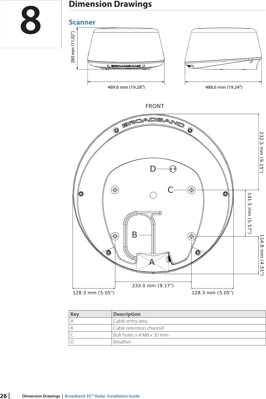 26 | Dimension Drawings  |  Broadband 3G™ Radar  Installation GuideDimension DrawingsScanner280 mm (11.02”)489.6 mm (19.28”) 488.6 mm (19.24”)232.5 mm (9.15”) 114.6 mm (4.51”)128.3 mm (5.05”)128.3 mm (5.05”) 233.0 mm (9.17”)141.5 mm (5.57”)CADBFRONTKey DescriptionA Cable entry areaB Cable retention channelC Bolt holes x 4 M8 x 30 mm D Breather  8