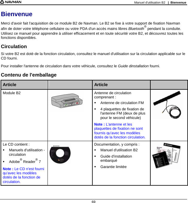 Manuel d&apos;utilisation B2   |  Bienvenue  69 Bienvenue Merci d&apos;avoir fait l&apos;acquisition de ce module B2 de Navman. Le B2 se fixe à votre support de fixation Navman afin de doter votre téléphone cellulaire ou votre PDA d&apos;un accès mains libres Bluetooth® pendant la conduite. Utilisez ce manuel pour apprendre à utiliser efficacement et en toute sécurité votre B2, et découvrez toutes les fonctions disponibles. Circulation Si votre B2 est doté de la fonction circulation, consultez le manuel d&apos;utilisation sur la circulation applicable sur le CD fourni. Pour installer l&apos;antenne de circulation dans votre véhicule, consultez le Guide dinstallation fourni. Contenu de l&apos;emballage  Article   Article   Module B2  Antenne de circulation comprenant :   Antenne de circulation FM   4 plaquettes de fixation de l&apos;antenne FM (deux de plus pour le second véhicule) Note : L&apos;antenne et les plaquettes de fixation ne sont fournis qu&apos;avec les modèles dotés de la fonction circulation.   Le CD contient :  Manuels d&apos;utilisation - circulation  Adobe® Reader® 7 Note : Le CD n&apos;est fourni qu&apos;avec les modèles dotés de la fonction de circulation.  Documentation, y compris :  Manuel d&apos;utilisation B2  Guide d&apos;installation embarqué  Garantie limitée        