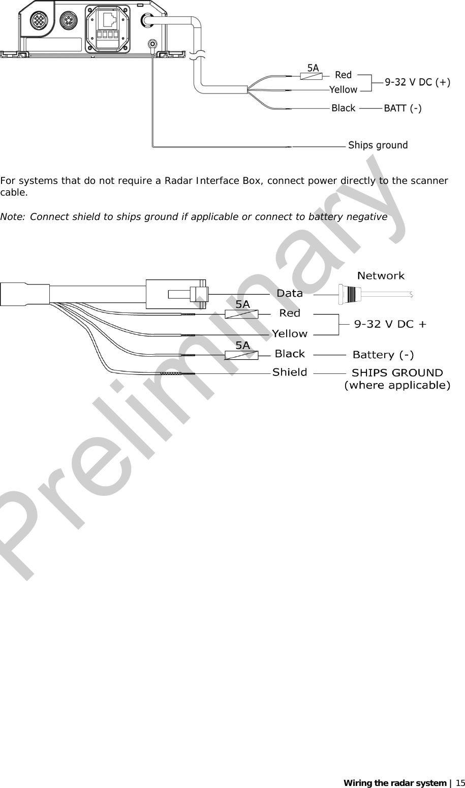   Wiring the radar system | 15    For systems that do not require a Radar Interface Box, connect power directly to the scanner cable.  Note: Connect shield to ships ground if applicable or connect to battery negative     Preliminary