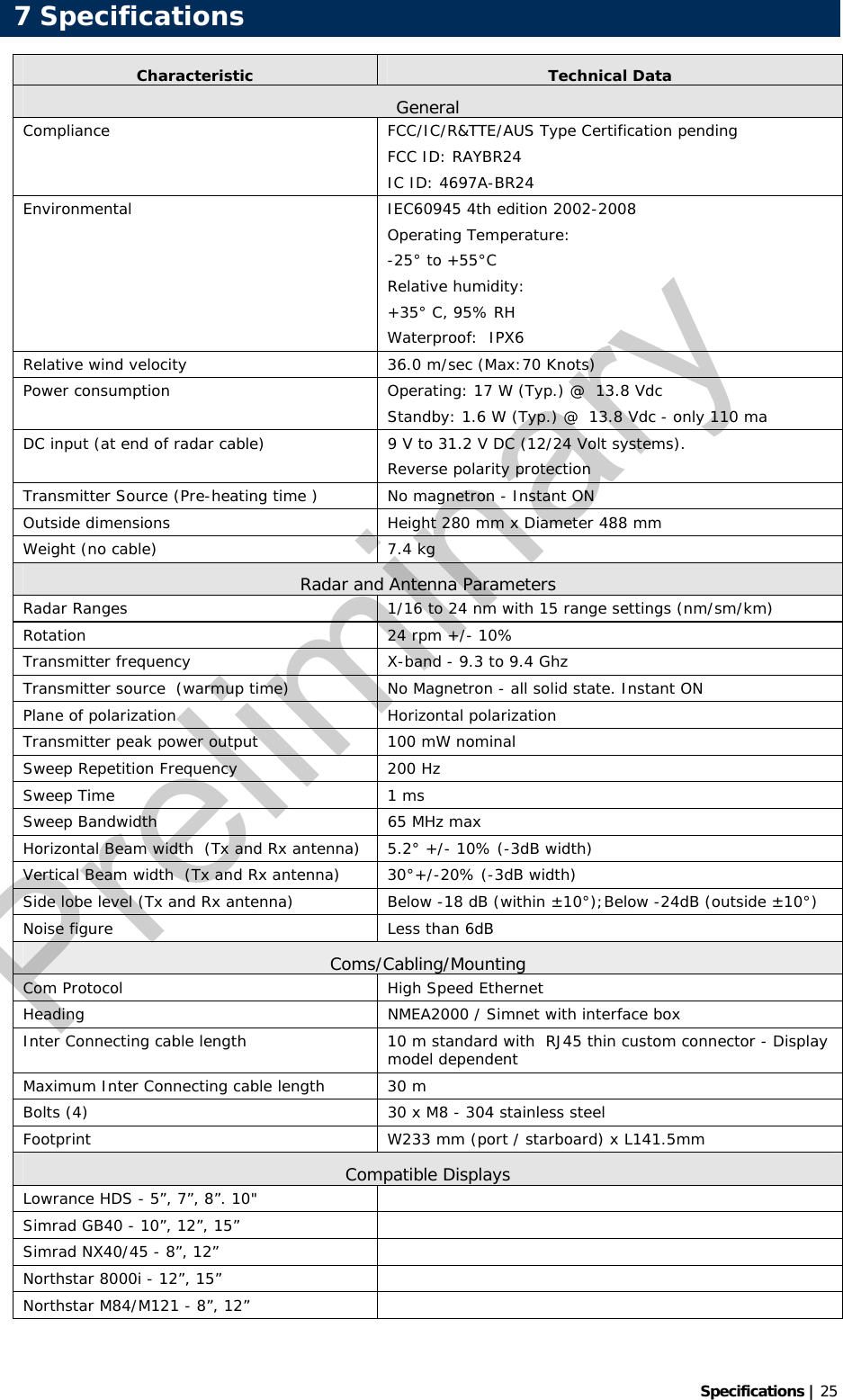   Specifications | 25 Characteristic  Technical Data General Compliance  FCC/IC/R&amp;TTE/AUS Type Certification pending FCC ID: RAYBR24 IC ID: 4697A-BR24 Environmental  IEC60945 4th edition 2002-2008 Operating Temperature:   -25° to +55°C Relative humidity:  +35° C, 95% RH Waterproof:  IPX6 Relative wind velocity   36.0 m/sec (Max:70 Knots)  Power consumption   Operating: 17 W (Typ.) @  13.8 Vdc Standby: 1.6 W (Typ.) @  13.8 Vdc - only 110 ma DC input (at end of radar cable)  9 V to 31.2 V DC (12/24 Volt systems).  Reverse polarity protection Transmitter Source (Pre-heating time )  No magnetron - Instant ON  Outside dimensions   Height 280 mm x Diameter 488 mm  Weight (no cable)  7.4 kg Radar and Antenna Parameters Radar Ranges  1/16 to 24 nm with 15 range settings (nm/sm/km)  Rotation  24 rpm +/- 10% Transmitter frequency   X-band - 9.3 to 9.4 Ghz Transmitter source  (warmup time)  No Magnetron - all solid state. Instant ON Plane of polarization   Horizontal polarization  Transmitter peak power output  100 mW nominal  Sweep Repetition Frequency  200 Hz Sweep Time  1 ms Sweep Bandwidth  65 MHz max Horizontal Beam width  (Tx and Rx antenna)  5.2° +/- 10% (-3dB width)  Vertical Beam width  (Tx and Rx antenna)  30°+/-20% (-3dB width)  Side lobe level (Tx and Rx antenna)  Below -18 dB (within ±10°);Below -24dB (outside ±10°) Noise figure   Less than 6dB Coms/Cabling/Mounting Com Protocol  High Speed Ethernet  Heading  NMEA2000 / Simnet with interface box Inter Connecting cable length   10 m standard with  RJ45 thin custom connector - Display  model dependent Maximum Inter Connecting cable length    30 m Bolts (4)  30 x M8 - 304 stainless steel Footprint  W233 mm (port / starboard) x L141.5mm Compatible Displays Lowrance HDS - 5”, 7”, 8”. 10&quot;   Simrad GB40 - 10”, 12”, 15”   Simrad NX40/45 - 8”, 12”   Northstar 8000i - 12”, 15”   Northstar M84/M121 - 8”, 12”     7 Specifications Preliminary