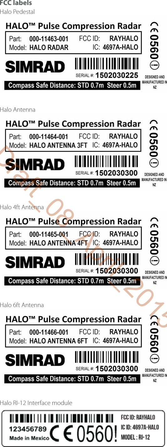 FCC labels Halo PedestalHalo AntennaHalo 4ft AntennaHalo 6ft AntennaHalo RI-12 Interface moduleDraft_08_April_2015