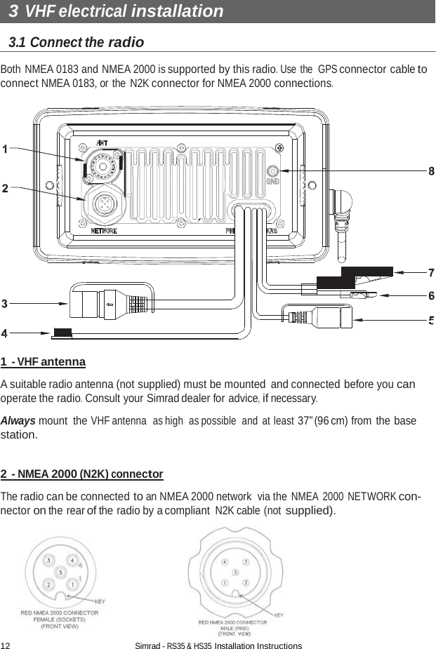 12 Simrad - RS35 &amp; HS35 Installation Instructions  3 VHF electrical installation  3.1 Connect the radio  Both NMEA 0183 and NMEA 2000 is supported by this radio. Use the  GPS connector cable to connect NMEA 0183, or the N2K connector for NMEA 2000 connections.                   1 - VHF antenna  A suitable radio antenna (not supplied) must be mounted and connected before you can operate the radio. Consult your Simrad dealer for advice, if necessary.  Always mount  the VHF antenna  as high  as possible  and at least 37” (96 cm) from the base station.   2 - NMEA 2000 (N2K) connector  The radio can be connected to an NMEA 2000 network  via the NMEA 2000  NETWORK con- nector on the rear of the radio by a compliant N2K cable (not supplied).   