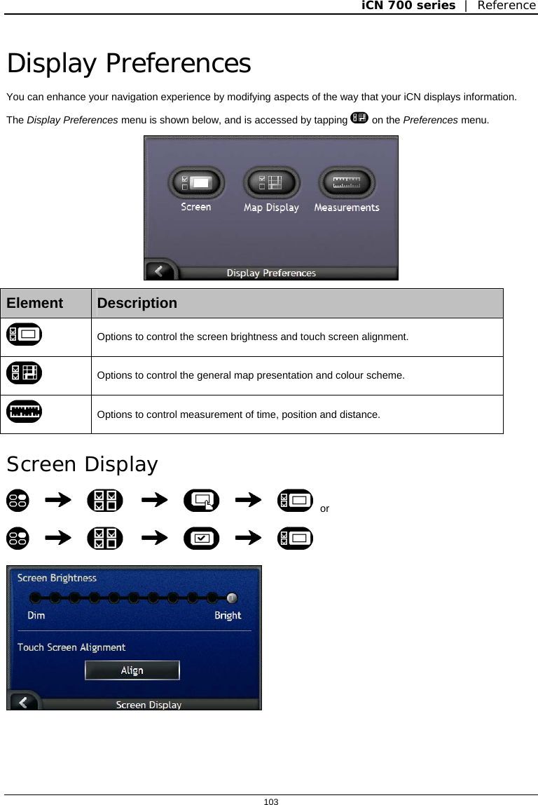 iCN 700 series  |  Reference  103  Display Preferences You can enhance your navigation experience by modifying aspects of the way that your iCN displays information. The Display Preferences menu is shown below, and is accessed by tapping  on the Preferences menu.   Element  Description  Options to control the screen brightness and touch screen alignment.  Options to control the general map presentation and colour scheme.  Options to control measurement of time, position and distance.   Screen Display        or          