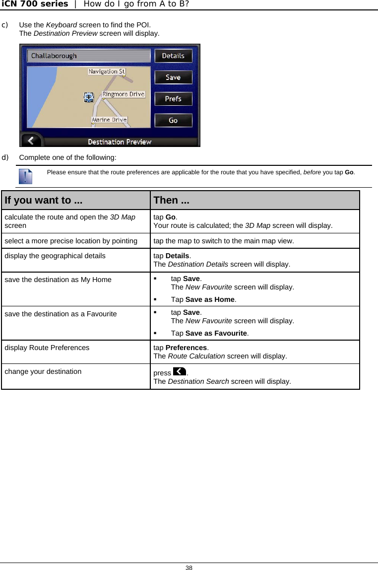 iCN 700 series  |  How do I go from A to B?  38  c) Use the Keyboard screen to find the POI.  The Destination Preview screen will display.  d)  Complete one of the following:  Please ensure that the route preferences are applicable for the route that you have specified, before you tap Go.  If you want to ...  Then ... calculate the route and open the 3D Map screen  tap Go. Your route is calculated; the 3D Map screen will display. select a more precise location by pointing  tap the map to switch to the main map view. display the geographical details  tap Details.  The Destination Details screen will display. save the destination as My Home   tap Save. The New Favourite screen will display.  Tap Save as Home. save the destination as a Favourite   tap Save. The New Favourite screen will display.  Tap Save as Favourite. display Route Preferences  tap Preferences. The Route Calculation screen will display. change your destination  press .  The Destination Search screen will display.   