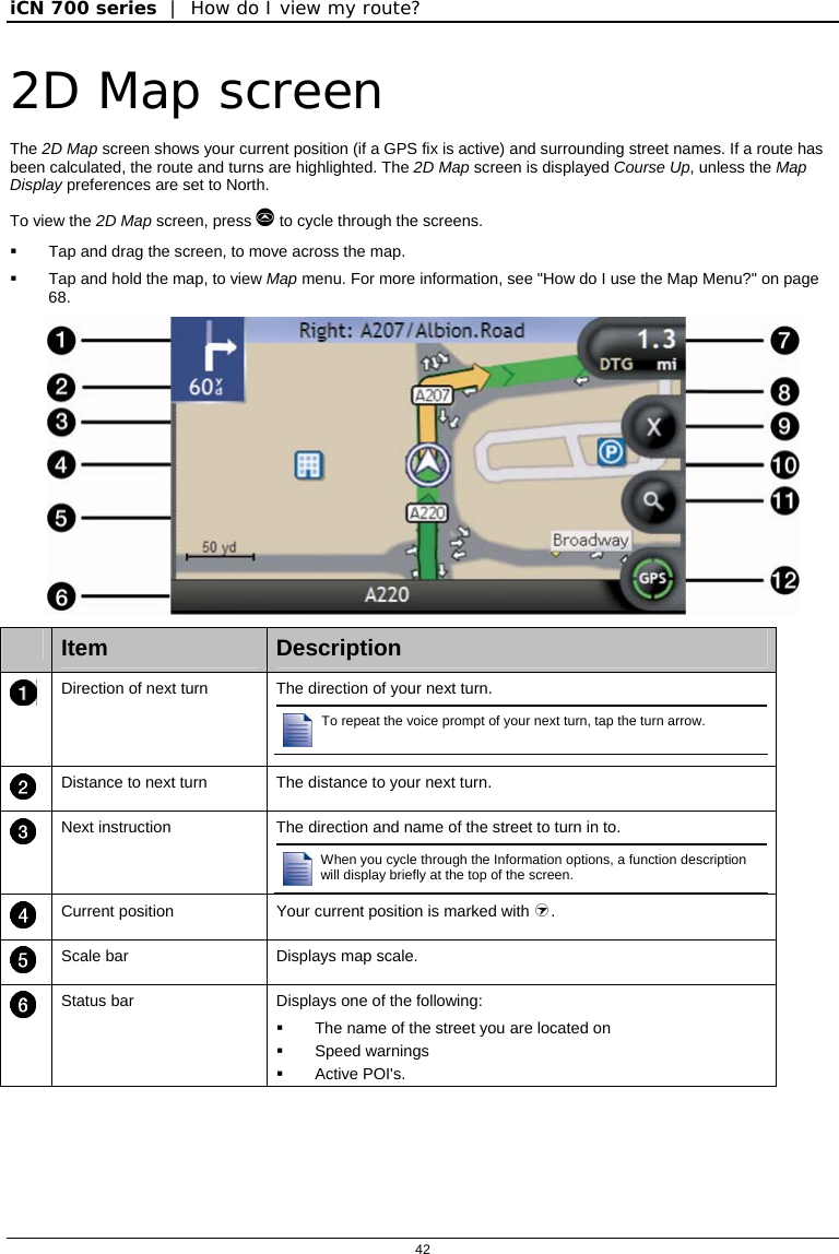 iCN 700 series  |  How do I view my route?  42  2D Map screen The 2D Map screen shows your current position (if a GPS fix is active) and surrounding street names. If a route has been calculated, the route and turns are highlighted. The 2D Map screen is displayed Course Up, unless the Map Display preferences are set to North. To view the 2D Map screen, press  to cycle through the screens.   Tap and drag the screen, to move across the map.    Tap and hold the map, to view Map menu. For more information, see &quot;How do I use the Map Menu?&quot; on page 68.    Item  Description  Direction of next turn  The direction of your next turn. To repeat the voice prompt of your next turn, tap the turn arrow.   Distance to next turn  The distance to your next turn.  Next instruction  The direction and name of the street to turn in to. When you cycle through the Information options, a function description will display briefly at the top of the screen.   Current position  Your current position is marked with .  Scale bar  Displays map scale.  Status bar  Displays one of the following:   The name of the street you are located on  Speed warnings  Active POI&apos;s. 
