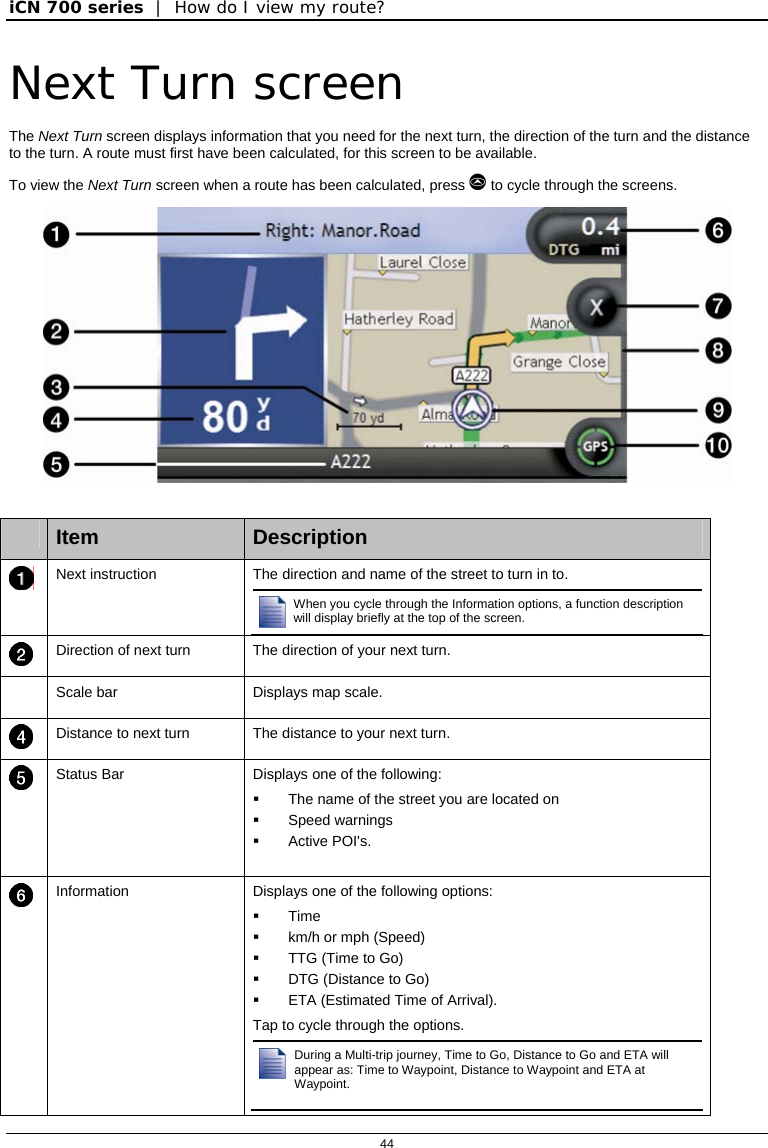 iCN 700 series  |  How do I view my route?  44  Next Turn screen The Next Turn screen displays information that you need for the next turn, the direction of the turn and the distance to the turn. A route must first have been calculated, for this screen to be available. To view the Next Turn screen when a route has been calculated, press  to cycle through the screens.    Item  Description  Next instruction  The direction and name of the street to turn in to. When you cycle through the Information options, a function description will display briefly at the top of the screen.   Direction of next turn  The direction of your next turn.  Scale bar  Displays map scale.  Distance to next turn  The distance to your next turn.  Status Bar  Displays one of the following:   The name of the street you are located on  Speed warnings  Active POI&apos;s.  Information  Displays one of the following options:  Time   km/h or mph (Speed)   TTG (Time to Go)   DTG (Distance to Go)   ETA (Estimated Time of Arrival). Tap to cycle through the options. During a Multi-trip journey, Time to Go, Distance to Go and ETA will appear as: Time to Waypoint, Distance to Waypoint and ETA at Waypoint.  