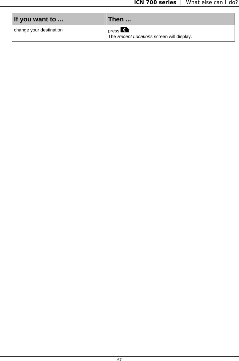 iCN 700 series  |  What else can I do?  67  If you want to ...  Then ... change your destination  press .  The Recent Locations screen will display.   