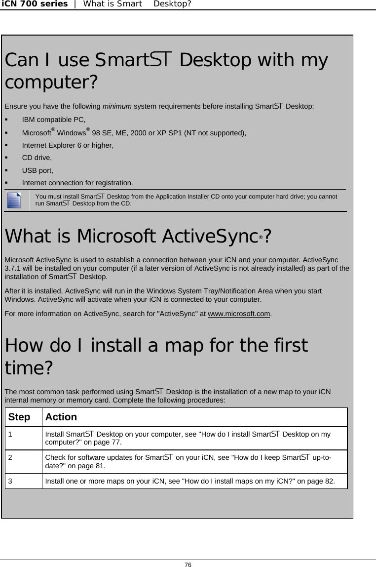 iCN 700 series  |  What is Smart Desktop?  76   Can I use Smart Desktop with my computer? Ensure you have the following minimum system requirements before installing Smart Desktop:   IBM compatible PC,  Microsoft® Windows® 98 SE, ME, 2000 or XP SP1 (NT not supported),   Internet Explorer 6 or higher,    CD drive,   USB port,   Internet connection for registration.  You must install Smart Desktop from the Application Installer CD onto your computer hard drive; you cannot run Smart Desktop from the CD. What is Microsoft ActiveSync®? Microsoft ActiveSync is used to establish a connection between your iCN and your computer. ActiveSync 3.7.1 will be installed on your computer (if a later version of ActiveSync is not already installed) as part of the installation of Smart Desktop. After it is installed, ActiveSync will run in the Windows System Tray/Notification Area when you start Windows. ActiveSync will activate when your iCN is connected to your computer. For more information on ActiveSync, search for &quot;ActiveSync&quot; at www.microsoft.com. How do I install a map for the first time? The most common task performed using Smart Desktop is the installation of a new map to your iCN internal memory or memory card. Complete the following procedures: Step  Action 1  Install Smart Desktop on your computer, see &quot;How do I install Smart Desktop on my computer?&quot; on page 77. 2  Check for software updates for Smart on your iCN, see &quot;How do I keep Smart up-to-date?&quot; on page 81. 3  Install one or more maps on your iCN, see &quot;How do I install maps on my iCN?&quot; on page 82.     