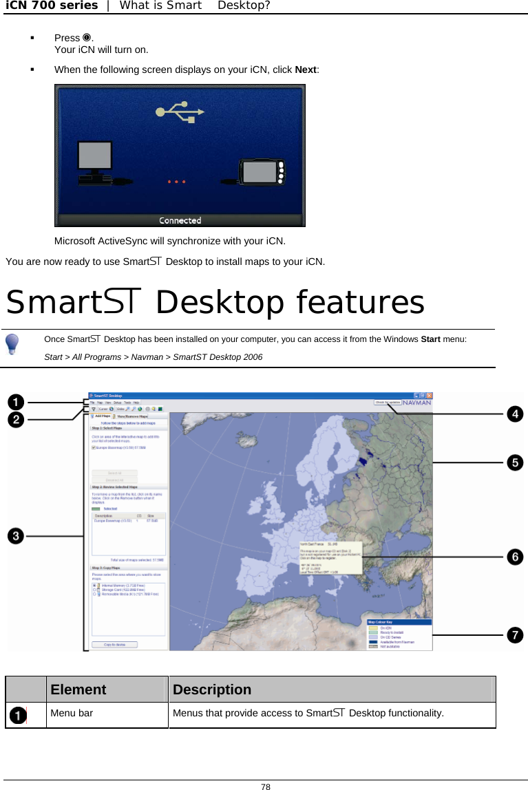 iCN 700 series  |  What is Smart Desktop?  78   Press . Your iCN will turn on.    When the following screen displays on your iCN, click Next:  Microsoft ActiveSync will synchronize with your iCN. You are now ready to use Smart Desktop to install maps to your iCN.  Smart Desktop features  Once Smart Desktop has been installed on your computer, you can access it from the Windows Start menu: Start &gt; All Programs &gt; Navman &gt; SmartST Desktop 2006     Element  Description  Menu bar  Menus that provide access to Smart Desktop functionality. 