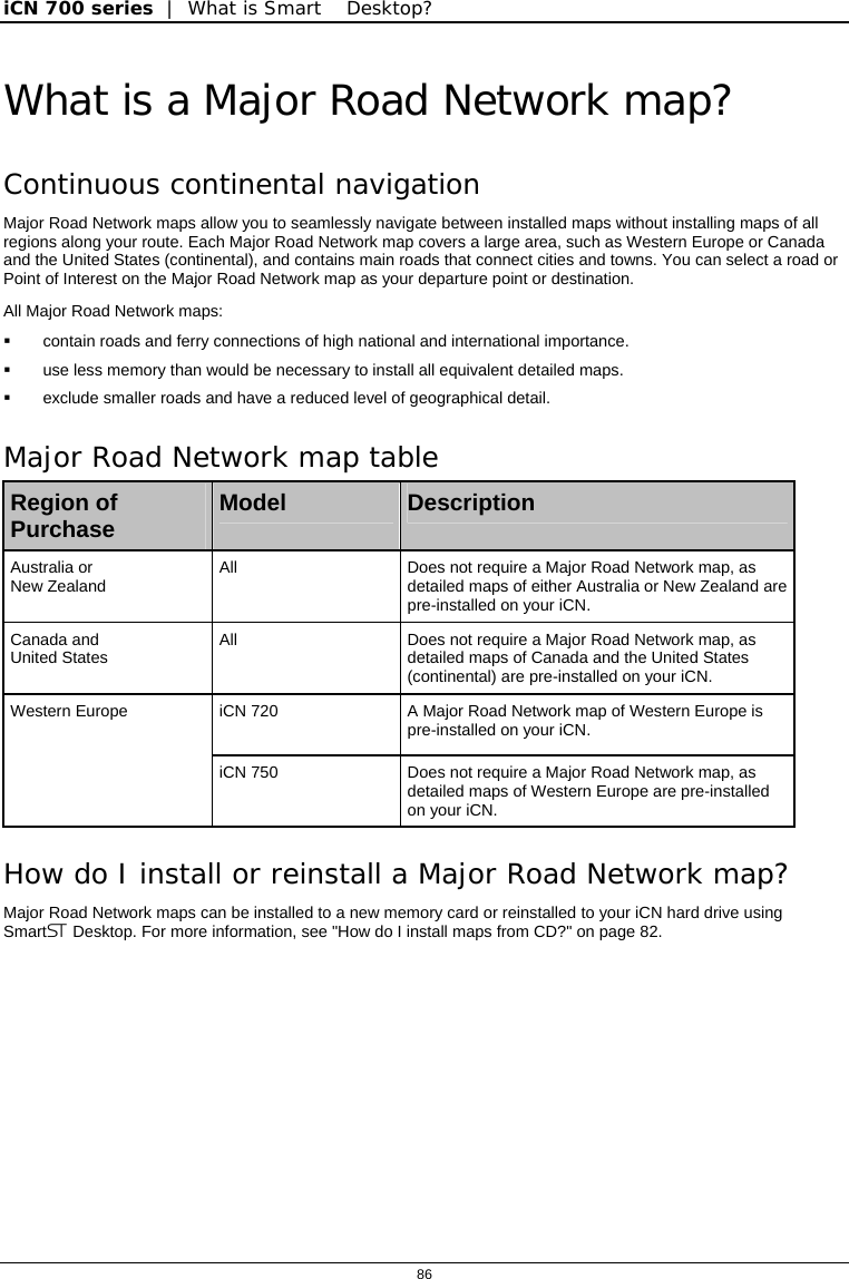 iCN 700 series  |  What is Smart Desktop?  86  What is a Major Road Network map? Continuous continental navigation Major Road Network maps allow you to seamlessly navigate between installed maps without installing maps of all regions along your route. Each Major Road Network map covers a large area, such as Western Europe or Canada and the United States (continental), and contains main roads that connect cities and towns. You can select a road or Point of Interest on the Major Road Network map as your departure point or destination. All Major Road Network maps:   contain roads and ferry connections of high national and international importance.   use less memory than would be necessary to install all equivalent detailed maps.   exclude smaller roads and have a reduced level of geographical detail. Major Road Network map table Region of Purchase  Model  Description Australia or  New Zealand  All  Does not require a Major Road Network map, as detailed maps of either Australia or New Zealand are  pre-installed on your iCN. Canada and  United States  All  Does not require a Major Road Network map, as detailed maps of Canada and the United States (continental) are pre-installed on your iCN. iCN 720  A Major Road Network map of Western Europe is pre-installed on your iCN. Western Europe iCN 750  Does not require a Major Road Network map, as detailed maps of Western Europe are pre-installed on your iCN. How do I install or reinstall a Major Road Network map? Major Road Network maps can be installed to a new memory card or reinstalled to your iCN hard drive using Smart Desktop. For more information, see &quot;How do I install maps from CD?&quot; on page 82. 