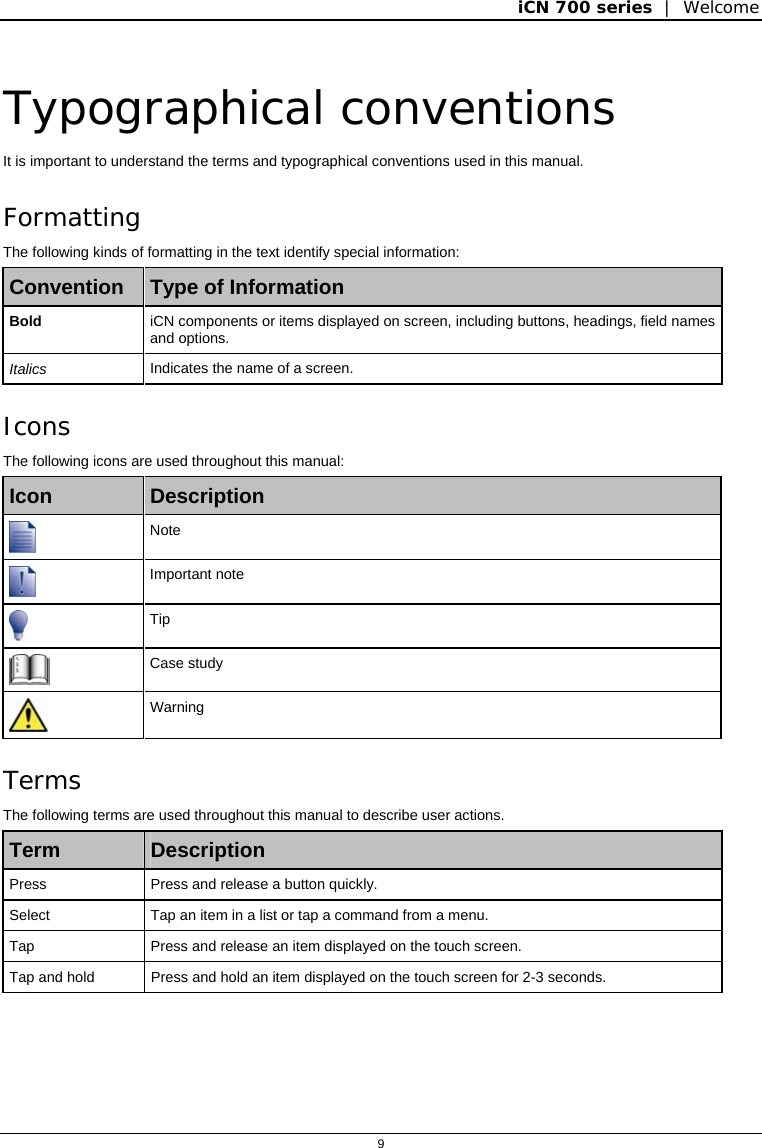 iCN 700 series  |  Welcome  9   Typographical conventions It is important to understand the terms and typographical conventions used in this manual. Formatting The following kinds of formatting in the text identify special information: Convention  Type of Information Bold  iCN components or items displayed on screen, including buttons, headings, field names and options. Italics Indicates the name of a screen. Icons The following icons are used throughout this manual: Icon  Description  Note  Important note  Tip  Case study  Warning Terms The following terms are used throughout this manual to describe user actions. Term  Description Press  Press and release a button quickly. Select  Tap an item in a list or tap a command from a menu. Tap  Press and release an item displayed on the touch screen. Tap and hold  Press and hold an item displayed on the touch screen for 2-3 seconds.   