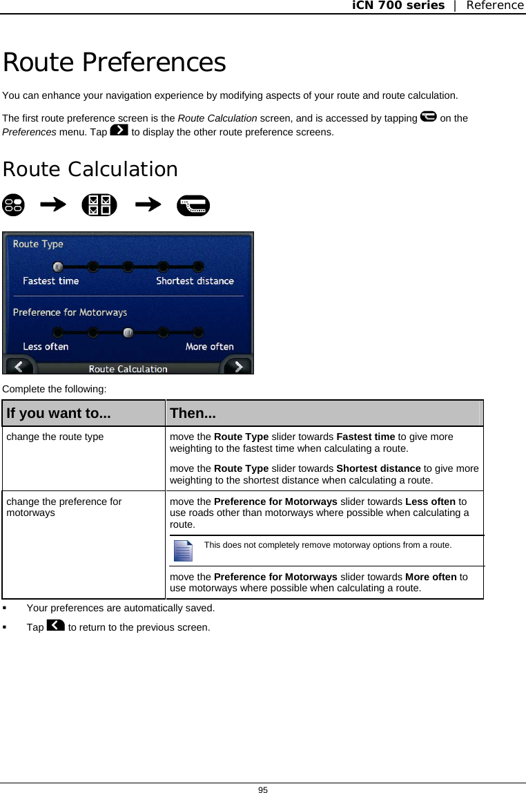 iCN 700 series  |  Reference  95  Route Preferences You can enhance your navigation experience by modifying aspects of your route and route calculation. The first route preference screen is the Route Calculation screen, and is accessed by tapping  on the Preferences menu. Tap  to display the other route preference screens.  Route Calculation        Complete the following: If you want to...  Then... change the route type   move the Route Type slider towards Fastest time to give more weighting to the fastest time when calculating a route. move the Route Type slider towards Shortest distance to give more weighting to the shortest distance when calculating a route. change the preference for motorways  move the Preference for Motorways slider towards Less often to use roads other than motorways where possible when calculating a route.  This does not completely remove motorway options from a route. move the Preference for Motorways slider towards More often to use motorways where possible when calculating a route.   Your preferences are automatically saved.  Tap  to return to the previous screen.   