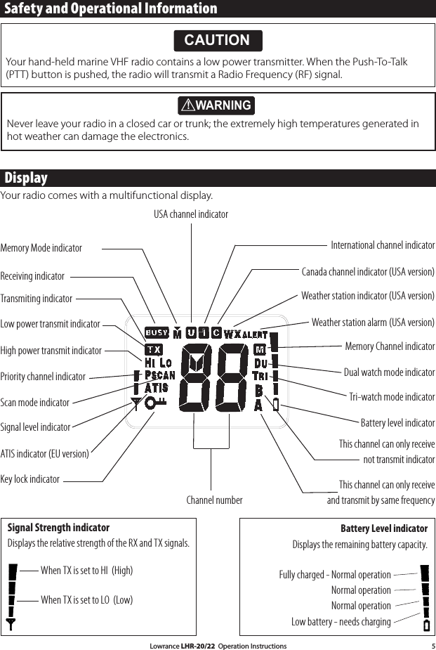 Lowrance LHR-20/22  Operation Instructions 5Safety and Operational Information  DisplayYour radio comes with a multifunctional display. CAUTION!!CAUTIONDANGERWARNINGYour hand-held marine VHF radio contains a low power transmitter. When the Push-To-Talk (PTT) button is pushed, the radio will transmit a Radio Frequency (RF) signal. Memory Mode indicatorReceiving indicatorTransmiting indicatorLow power transmit indicatorHigh power transmit indicatorPriority channel indicatorScan mode indicatorSignal level indicatorATIS indicator (EU version)Key lock indicatorInternational channel indicatorCanada channel indicator (USA version)Weather station indicator (USA version)Weather station alarm (USA version)Memory Channel indicatorDual watch mode indicatorTri-watch mode indicatorBattery level indicatorThis channel can only receive not transmit indicatorChannel numberThis channel can only receive and transmit by same frequencyUSA channel indicator !WARNINGNever leave your radio in a closed car or trunk; the extremely high temperatures generated in hot weather can damage the electronics.Signal Strength indicatorDisplays the relative strength of the RX and TX signals.     When TX is set to HI  (High)    When TX is set to LO  (Low)Fully charged - Normal operation    Normal operation    Normal operation    Low battery - needs chargingBattery Level indicatorDisplays the remaining battery capacity.