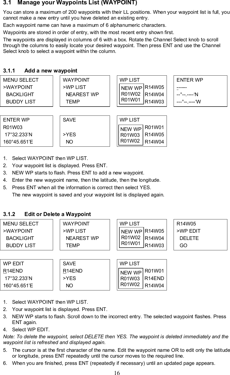 16 3.1  Manage your Waypoints List (WAYPOINT) You can store a maximum of 200 waypoints with their LL positions. When your waypoint list is full, you cannot make a new entry until you have deleted an existing entry.  Each waypoint name can have a maximum of 6 alphanumeric characters. Waypoints are stored in order of entry, with the most recent entry shown first.  The waypoints are displayed in columns of 6 with a box. Rotate the Channel Select knob to scroll through the columns to easily locate your desired waypoint. Then press ENT and use the Channel Select knob to select a waypoint within the column.  3.1.1 Add a new waypoint MENU SELECT &gt;WAYPOINT   BACKLIGHT   BUDDY LIST    WAYPOINT &gt;WP LIST   NEAREST WP   TEMP  WP LIST   R14W05   R14W04    R14W03   ENTER WP  ------ --°--.----‘N ---°--.----‘W           ENTER WP  R01W03  17°32.233’N 160°45.651’E  SAVE  &gt;YES   NO  WP LIST R01W01 R14W05 R14W04    1.  Select WAYPOINT then WP LIST.  2.  Your waypoint list is displayed. Press ENT.  3.  NEW WP starts to flash. Press ENT to add a new waypoint. 4.  Enter the new waypoint name, then the latitude, then the longitude. 5.  Press ENT when all the information is correct then select YES.  The new waypoint is saved and your waypoint list is displayed again.  3.1.2  Edit or Delete a Waypoint MENU SELECT &gt;WAYPOINT   BACKLIGHT   BUDDY LIST    WAYPOINT &gt;WP LIST   NEAREST WP   TEMP  WP LIST   R14W05   R14W04    R14W03  R14W05  &gt;WP EDIT   DELETE   GO           WP EDIT R14END  17°32.233’N 160°45.651’E  SAVE R14END &gt;YES   NO  WP LIST R01W01 R14END R14W04    1.  Select WAYPOINT then WP LIST.  2.  Your waypoint list is displayed. Press ENT.  3.  NEW WP starts to flash. Scroll down to the incorrect entry. The selected waypoint flashes. Press ENT again. 4.  Select WP EDIT.  Note: To delete the waypoint, select DELETE then YES. The waypoint is deleted immediately and the waypoint list is refreshed and displayed again. 5.  The cursor is at the first character of the name. Edit the waypoint name OR to edit only the latitude or longitude, press ENT repeatedly until the cursor moves to the required line. 6.  When you are finished, press ENT (repeatedly if necessary) until an updated page appears.   NEW WP R01W02  R01W01 NEW WP R01W03  R01W02 NEW WP R01W02  R01W01 NEW WP R01W03  R01W02 