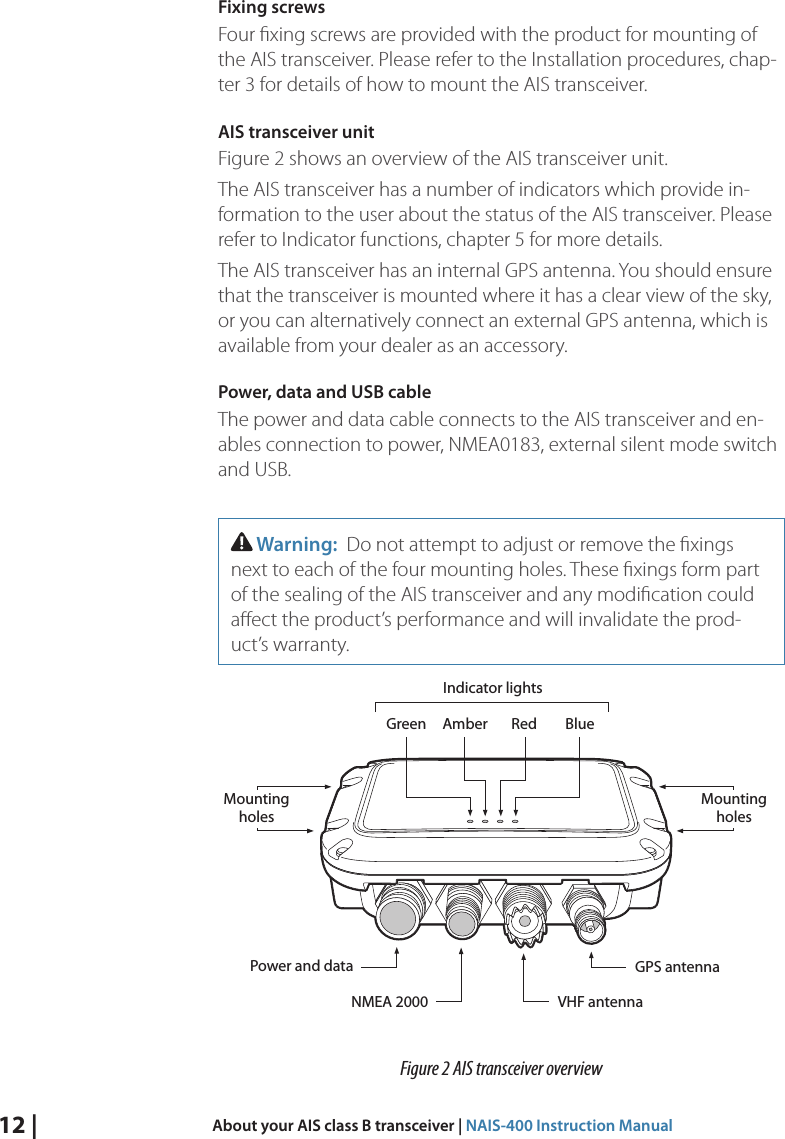 12 |  About your AIS class B transceiver | NAIS-400 Instruction ManualFixing screws Four ﬁxing screws are provided with the product for mounting of the AIS transceiver. Please refer to the Installation procedures, chap-ter 3 for details of how to mount the AIS transceiver. AIS transceiver unit Figure 2 shows an overview of the AIS transceiver unit. The AIS transceiver has a number of indicators which provide in-formation to the user about the status of the AIS transceiver. Please refer to Indicator functions, chapter 5 for more details. The AIS transceiver has an internal GPS antenna. You should ensure that the transceiver is mounted where it has a clear view of the sky, or you can alternatively connect an external GPS antenna, which is available from your dealer as an accessory. Power, data and USB cable The power and data cable connects to the AIS transceiver and en-ables connection to power, NMEA0183, external silent mode switch and USB.  Warning:  Do not attempt to adjust or remove the ﬁxings next to each of the four mounting holes. These ﬁxings form part of the sealing of the AIS transceiver and any modiﬁcation could aﬀect the product’s performance and will invalidate the prod-uct’s warranty. Green Amber Red BluePower and data GPS antennaNMEA 2000 VHF antennaIndicator lightsMountingholesMountingholesFigure 2 AIS transceiver overview