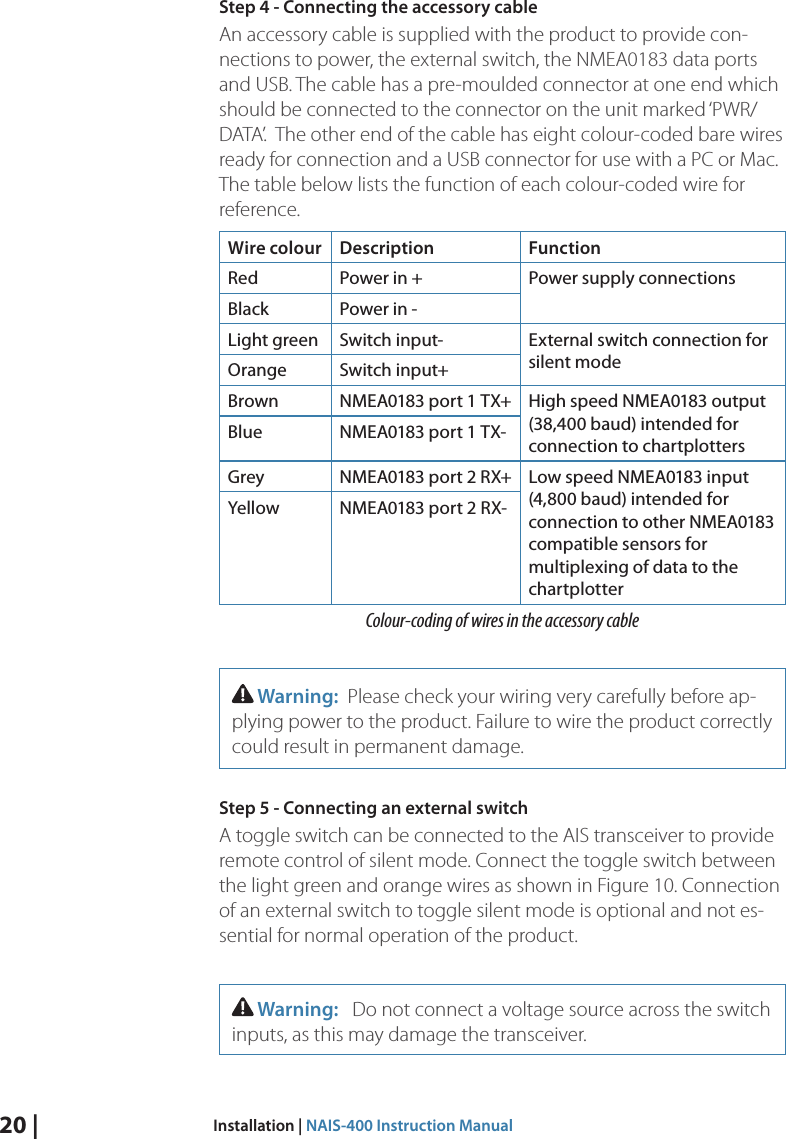 20 |  Installation | NAIS-400 Instruction ManualStep 4 - Connecting the accessory cableAn accessory cable is supplied with the product to provide con-nections to power, the external switch, the NMEA0183 data ports and USB. The cable has a pre-moulded connector at one end which should be connected to the connector on the unit marked ‘PWR/DATA’.  The other end of the cable has eight colour-coded bare wires ready for connection and a USB connector for use with a PC or Mac. The table below lists the function of each colour-coded wire for reference.Wire colour Description FunctionRed  Power in +  Power supply connections Black  Power in -Light green  Switch input- External switch connection for silent mode Orange  Switch input+ Brown  NMEA0183 port 1 TX+  High speed NMEA0183 output (38,400 baud) intended for connection to chartplotters Blue  NMEA0183 port 1 TX-Grey  NMEA0183 port 2 RX+  Low speed NMEA0183 input (4,800 baud) intended for connection to other NMEA0183 compatible sensors for multiplexing of data to the chartplotter Yellow  NMEA0183 port 2 RX-Colour-coding of wires in the accessory cable Warning:  Please check your wiring very carefully before ap-plying power to the product. Failure to wire the product correctly could result in permanent damage. Step 5 - Connecting an external switchA toggle switch can be connected to the AIS transceiver to provide remote control of silent mode. Connect the toggle switch between the light green and orange wires as shown in Figure 10. Connection of an external switch to toggle silent mode is optional and not es-sential for normal operation of the product.  Warning:   Do not connect a voltage source across the switch inputs, as this may damage the transceiver. 
