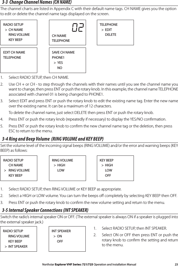 23Northstar Explorer VHF Series: 721/725 Operation and Installation Manual3-3  Change Channel Names (CH NAME)The channel charts are listed in Appendix C with their default name tags. CH NAME gives you the option to edit or delete the channel name tags displayed on the screen.1.  Select RADIO SETUP, then CH NAME.2.  Use CH + or CH - to step through the channels with their names until you see the channel name you want to change, then press ENT or push the rotary knob. In this example, the channel name TELEPHONE associated with channel 01 is being changed to PHONE1.3.  Select EDIT and press ENT or push the rotary knob to edit the existing name tag. Enter the new name over the existing name. It can be a maximum of 12 characters.  To delete the channel name, just select DELETE then press ENT or push the rotary knob.4. PressENTorpushtherotaryknob(repeatedlyifnecessary)todisplaytheYES/NOconrmation.5.  Press ENT or push the rotary knob to conﬁrm the new channel name tag or the deletion, then press ESC to return to the menu.3-4 Ring and Beep Volume  (RING VOLUME and KEY BEEP) Set the volume level of the incoming signal beeps (RING VOLUME) and/or the error and warning beeps (KEY BEEP) as follows:1.  Select RADIO SETUP, then RING VOLUME or KEY BEEP as appropriate.2.  Select a HIGH or LOW volume. You can turn the beeps oﬀ completely by selecting KEY BEEP then OFF.3.  Press ENT or push the rotary knob to conﬁrm the new volume setting and return to the menu. 3-5 Internal Speaker Connections (INT SPEAKER)Switch the radio’s internal speaker ON or OFF. (The external speaker is always ON if a speaker is plugged into the external speaker jack.)1.  Select RADIO SETUP, then INT SPEAKER.2.  Select ON or OFF then press ENT or push the rotary knob to conﬁrm the setting and return to the menu. RADIO SETUP      CH NAME &gt;   RING VOLUME       KEY BEEPRING VOLUME  &gt;  HIGH       LOWKEY BEEP   &gt;  HIGH      LOW      OFF RADIO SETUP      RING VOLUME      KEY BEEP  &gt;  INT SPEAKERINT SPEAKER  &gt;  ON      OFFRADIO SETUP  &gt;  CH NAME       RING VOLUME       KEY BEEP EDIT CH NAMETELEPHONE                          02CH NAMETELEPHONESAVE CH NAMEPHONE1  &gt;  YES   NOTELEPHONE  &gt;  EDIT      DELETE