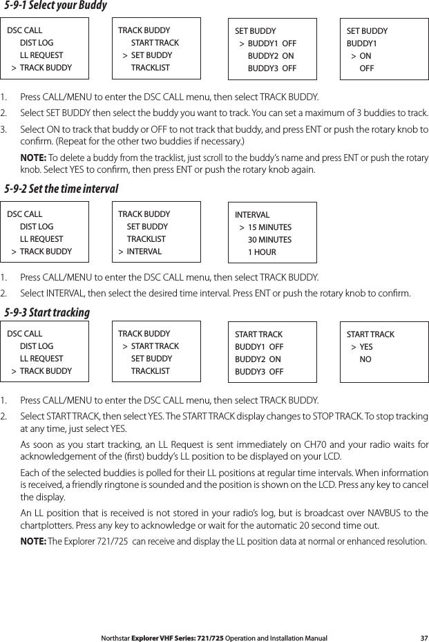 37Northstar Explorer VHF Series: 721/725 Operation and Installation Manual5-9-1 Select your BuddyDSC CALL      DIST LOG      LL REQUEST  &gt;  TRACK BUDDYTRACK BUDDY      START TRACK  &gt;  SET BUDDY      TRACKLISTSET BUDDYBUDDY1  &gt;  ON      OFFSET BUDDY  &gt;  BUDDY1  OFF      BUDDY2  ON      BUDDY3  OFF1.  Press CALL/MENU to enter the DSC CALL menu, then select TRACK BUDDY. 2. Select SET BUDDY then select the buddy you want to track. You can set a maximum of 3 buddies to track.3.  Select ON to track that buddy or OFF to not track that buddy, and press ENT or push the rotary knob to conﬁrm. (Repeat for the other two buddies if necessary.) NOTE: To delete a buddy from the tracklist, just scroll to the buddy’s name and press ENT or push the rotary knob. Select YES to conﬁrm, then press ENT or push the rotary knob again.5-9-2 Set the time intervalDSC CALL      DIST LOG      LL REQUEST  &gt;  TRACK BUDDYTRACK BUDDY    SET BUDDY     TRACKLIST&gt;  INTERVAL  INTERVAL  &gt;  15 MINUTES      30 MINUTES      1 HOUR1.  Press CALL/MENU to enter the DSC CALL menu, then select TRACK BUDDY.2. Select INTERVAL, then select the desired time interval. Press ENT or push the rotary knob to conﬁrm.5-9-3 Start trackingDSC CALL      DIST LOG      LL REQUEST  &gt;  TRACK BUDDYTRACK BUDDY  &gt;  START TRACK      SET BUDDY      TRACKLISTSTART TRACK  &gt;  YES   NOSTART TRACKBUDDY1  OFFBUDDY2  ONBUDDY3  OFF1.  Press CALL/MENU to enter the DSC CALL menu, then select TRACK BUDDY.2.  Select START TRACK, then select YES. The START TRACK display changes to STOP TRACK. To stop tracking at any time, just select YES.  As soon as  you  start  tracking,  an  LL Request  is  sent  immediately  on  CH70 and  your radio waits  for acknowledgement of the (ﬁrst) buddy’s LL position to be displayed on your LCD.   Each of the selected buddies is polled for their LL positions at regular time intervals. When information is received, a friendly ringtone is sounded and the position is shown on the LCD. Press any key to cancel the display.  An LL position that is received is not stored in your radio’s log, but is broadcast over NAVBUS to the chartplotters. Press any key to acknowledge or wait for the automatic 20 second time out. NOTE: The Explorer 721/725  can receive and display the LL position data at normal or enhanced resolution.