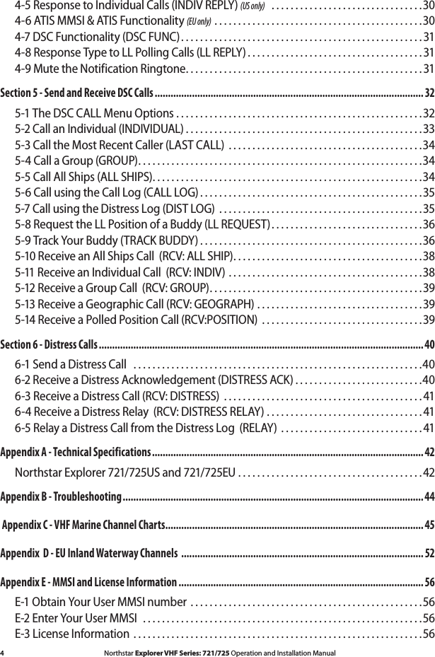 4Northstar Explorer VHF Series: 721/725 Operation and Installation Manual Northstar Explorer VHF Series: 721/725 Operation and Installation Manual4-5 Response to Individual Calls (INDIV REPLY) (US only)  ................................304-6 ATIS MMSI &amp; ATIS Functionality (EU only)  ............................................304-7 DSC Functionality (DSC FUNC) ...................................................314-8 Response Type to LL Polling Calls (LL REPLY) .....................................314-9 Mute the Notification Ringtone ..................................................31Section 5 - Send and Receive DSC Calls ..................................................................................................... 325-1 The DSC CALL Menu Options ....................................................325-2 Call an Individual (INDIVIDUAL) ..................................................335-3 Call the Most Recent Caller (LAST CALL)  .........................................345-4 Call a Group (GROUP) ............................................................345-5 Call All Ships (ALL SHIPS) .........................................................345-6 Call using the Call Log (CALL LOG) ...............................................355-7 Call using the Distress Log (DIST LOG)  ...........................................355-8 Request the LL Position of a Buddy (LL REQUEST) ................................365-9 Track Your Buddy (TRACK BUDDY) ...............................................365-10 Receive an All Ships Call  (RCV: ALL SHIP) ........................................385-11 Receive an Individual Call  (RCV: INDIV) .........................................385-12 Receive a Group Call  (RCV: GROUP) .............................................395-13 Receive a Geographic Call (RCV: GEOGRAPH) ...................................395-14 Receive a Polled Position Call (RCV:POSITION)  ..................................39Section 6 - Distress Calls .......................................................................................................................... 406-1 Send a Distress Call   .............................................................406-2 Receive a Distress Acknowledgement (DISTRESS ACK) ...........................406-3 Receive a Distress Call (RCV: DISTRESS)  ..........................................416-4 Receive a Distress Relay  (RCV: DISTRESS RELAY) .................................416-5 Relay a Distress Call from the Distress Log  (RELAY)  ..............................41Appendix A - Technical Specifications ...................................................................................................... 42Northstar Explorer 721/725US and 721/725EU .......................................42Appendix B - Troubleshooting .................................................................................................................44 Appendix C - VHF Marine Channel Charts .................................................................................................45Appendix  D - EU Inland Waterway Channels  ........................................................................................... 52Appendix E - MMSI and License Information ............................................................................................56E-1 Obtain Your User MMSI number  .................................................56E-2 Enter Your User MMSI   ...........................................................56E-3 License Information  .............................................................56