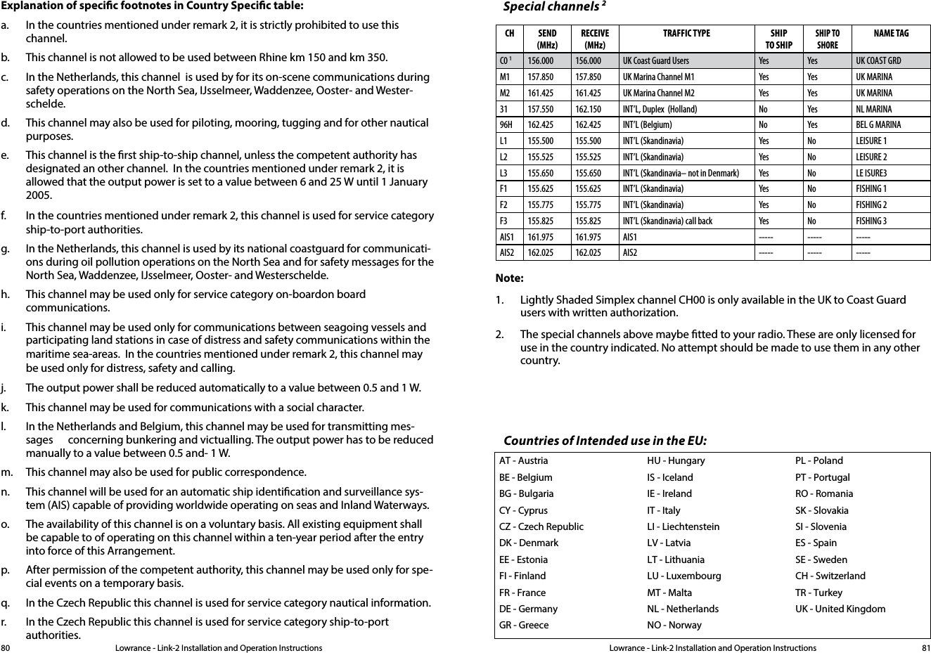 Lowrance - Link-2 Installation and Operation Instructions 81Lowrance - Link-2 Installation and Operation Instructions80Explanation of specic footnotes in Country Specic table: a.  In the countries mentioned under remark 2, it is strictly prohibited to use this channel.b.  This channel is not allowed to be used between Rhine km 150 and km 350.c.  In the Netherlands, this channel  is used by for its on-scene communi cations during safety operati ons on the North Sea, IJsselmeer, Wadden zee, Ooster- and Wester-schelde.d.  This channel may also be used for piloting, mooring, tugging and for other nautical purposes.e.  This channel is the rst ship-to-ship channel, unless the competent authority has designated an other channel.  In the countries mentioned under remark 2, it is allowed that the output power is set to a value between 6 and 25 W until 1 January 2005.f.  In the countries mentioned under remark 2, this channel is used for service category ship-to-port authorities.g.  In the Netherlands, this channel is used by its national coastgu ard for communicati-ons during oil pollution operations on the North Sea and for safety messages for the North Sea, Wadden zee, IJsselmeer, Ooster- and Westerschelde. h.  This channel may be used only for service category on-boardon board communications.i.  This channel may be used only for communications between sea going vessels and participating land stations in case of distress and safety communica ti ons within the maritime sea-areas.  In the countries mentioned under remark 2, this channel may be used only for distress, safety and calling.j.  The output power shall be reduced automatically to a value between 0.5 and 1 W.k.  This channel may be used for communications with a social charac ter.l.  In the Netherlands and Belgium, this channel may be used for trans mit ting mes-sages      concerning bunkering and victualling. The output power has to be reduced manually to a value between 0.5 and- 1 W.m.  This channel may also be used for public correspondence. n.  This channel will be used for an automatic ship identi cation and surveillance sys-tem (AIS) capable of providing worldw ide operating on seas and Inland Waterways.o.  The availability of this channel is on a voluntary basis. All existing equipment shall be capable to of operating on this channel within a ten-year period after the entry into force of this Arrangement.p.  After permission of the competent authority, this channel may be used only for spe-cial events on a temporary basis.q.  In the Czech Republic this channel is used for service category nautical information.r.  In the Czech Republic this channel is used for service category ship-to-port authorities.Note:1.  Lightly Shaded Simplex channel CH00 is only available in the UK to Coast Guard users with written authorization.2.  The special channels above maybe tted to your radio. These are only licensed for use in the country indicated. No attempt should be made to use them in any other country.Special channels 2  CH SEND (MHz)RECEIVE (MHz)TRAFFIC TYPE  SHIP TO SHIPSHIP TO SHORENAME TAGC0 1156.000 156.000 UK Coast Guard Users Yes Yes UK COAST GRDM1 157.850 157.850 UK Marina Channel M1 Yes Yes UK MARINAM2 161.425 161.425 UK Marina Channel M2 Yes Yes UK MARINA31 157.550 162.150 INT’L, Duplex  (Holland) No Yes NL MARINA96H 162.425 162.425 INT’L (Belgium) No Yes BEL G MARINAL1 155.500 155.500 INT’L (Skandinavia)   Yes No LEISURE 1L2 155.525 155.525 INT’L (Skandinavia)  Yes No LEISURE 2L3 155.650 155.650 INT’L (Skandinavia– not in Denmark) Yes No LE ISURE3F1 155.625 155.625 INT’L (Skandinavia) Yes No FISHING 1F2 155.775 155.775 INT’L (Skandinavia) Yes No FISHING 2F3 155.825 155.825 INT’L (Skandinavia) call back Yes No FISHING 3AIS1 161.975 161.975 AIS1 ----- ----- -----AIS2 162.025 162.025 AIS2 ----- ----- -----AT - AustriaBE - BelgiumBG - BulgariaCY - CyprusCZ - Czech RepublicDK - DenmarkEE - EstoniaFI - FinlandFR - FranceDE - GermanyGR - GreeceHU - HungaryIS - IcelandIE - IrelandIT - ItalyLI - LiechtensteinLV - LatviaLT - LithuaniaLU - LuxembourgMT - MaltaNL - NetherlandsNO - NorwayPL - PolandPT - PortugalRO - RomaniaSK - SlovakiaSI - SloveniaES - SpainSE - SwedenCH - SwitzerlandTR - TurkeyUK - United KingdomCountries of Intended use in the EU: