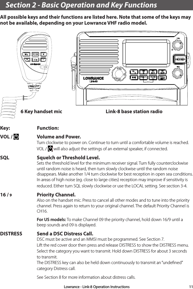 Section 2 - Basic Operation and Key Functions All possible keys and their functions are listed here. Note that some of the keys may not be available, depending on your Lowrance VHF radio model.Key:               Function:VOL /   Volume and Power. Turn clockwise to power on. Continue to turn until a comfortable volume is reached. VOL /   will also adjust the settings of an external speaker, if connected. SQL Squelch or Threshold Level. Sets the threshold level for the minimum receiver signal. Turn fully counterclockwise until random noise is heard, then turn slowly clockwise until the random noise disappears. Make another 1/4 turn clockwise for best reception in open sea conditions. In areas of high noise (eg. close to large cities) reception may improve if sensitivity is reduced. Either turn SQL slowly clockwise or use the LOCAL setting. See section 3-4.16 / 9  Priority Channel. Also on the handset mic. Press to cancel all other modes and to tune into the priority channel. Press again to return to your original channel. The default Priority Channel is CH16. For US models: To make Channel 09 the priority channel, hold down 16/9 until a beep sounds and 09 is displayed.DISTRESS Send a DSC Distress Call. DSC must be active and an MMSI must be programmed. See Section 7. Lift the red cover door then press and release DISTRESS to show the DISTRESS menu. Select the category you want to transmit. Hold down DISTRESS for about 3 seconds to transmit.  The DISTRESS key can also be held down continuously to transmit an “undeﬁned” category Distress call.   See Section 8 for more information about distress calls. 6 Key handset mic Link-8 base station radioLowrance - Link-8 Operation Instructions 11