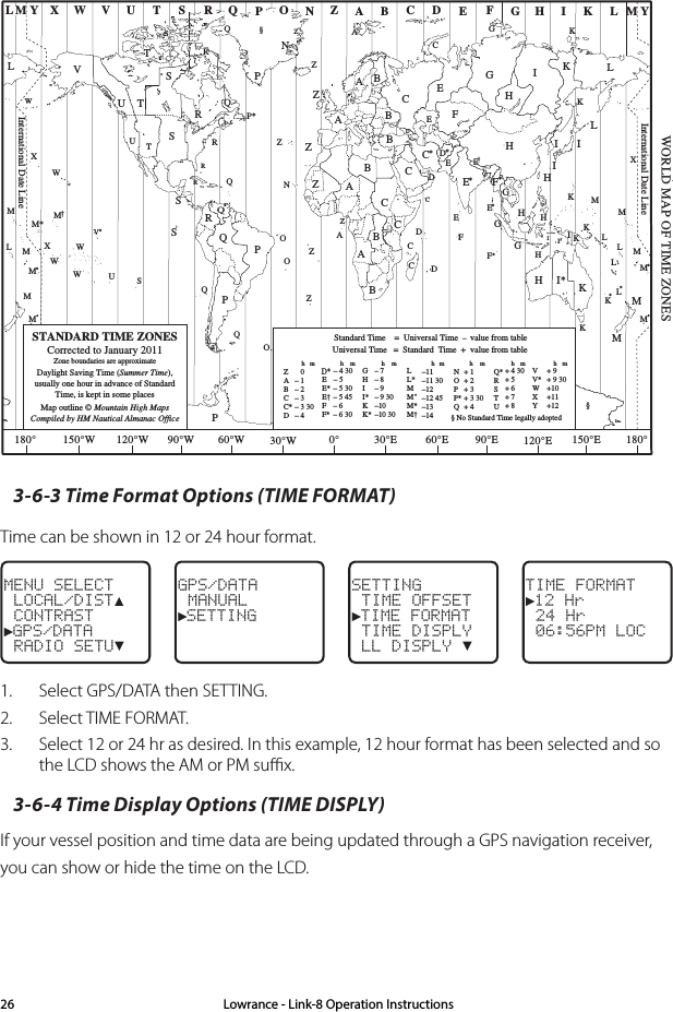 ZABC D F GHINOPQRSTUWESTANDARD TIME ZONESCorrected to January 2011Zone boundaries are approximateDaylight Saving Time (Summer Time),usually one hour in advance of StandardTime, is kept in some placesMap outline © Mountain High MapsCompiled by HM Nautical Almanac OfficeVXKLPQQRVUTSRQP*TSAAZBCZABBBCSSSRHI* KKMMHHHIKFGED**E**CCDGHEFHIGCEKLZZPN0° 30°E 60°E 90°E 120°E 150°E30°W60°W90°W120°W150°W180° 180°LZNOOZZZCDDEFE*F*KL**LLMMQOQASUWV*AYMLM YPKHMXXWWXM*WM*M*MMLMM†KIDFGIIIKLLZInternational Date LineInternational Date LineWORLD MAP OF TIME ZONESRCBBAPRICRQ*TUQ§§WME†MKCGGHII*KK*– 7– 8– 9– 9 30–10–10 30LL*MMM*M† –11–11 30–12–12 45–13–14VV*WXY+ 9+ 9 30+10+11+12hhhmmmmZABCC*D   0– 1– 2– 3– 3 30– 4hmEE*E†FF*– 5 30– 5 45– 6 – 6 30D*– 4 30– 5 NOPP*Q+ 1+ 2+ 3+ 3 30+ 4Q*RSTU+ 4 30+ 5+ 6+ 7+ 8Standard Time    =  Universal Time  –  value from tablehNo Standard Time legally adoptedUniversal Time   =  Standard  Time  +  value from tablehhm m§3-6-3 Time Format Options (TIME FORMAT) Time can be shown in 12 or 24 hour format. MENU SELECT LOCAL/DIST▲ CONTRAST►GPS/DATA RADIO SETU▼GPS/DATA MANUAL►SETTINGSETTING TIME OFFSET►TIME FORMAT TIME DISPLY LL DISPLY ▼TIME FORMAT►12 Hr 24 Hr 06:56PM LOC1.  Select GPS/DATA then SETTING.2.  Select TIME FORMAT.3.  Select 12 or 24 hr as desired. In this example, 12 hour format has been selected and so the LCD shows the AM or PM suﬃx.3-6-4 Time Display Options (TIME DISPLY) If your vessel position and time data are being updated through a GPS navigation receiver, you can show or hide the time on the LCD. Lowrance - Link-8 Operation Instructions26