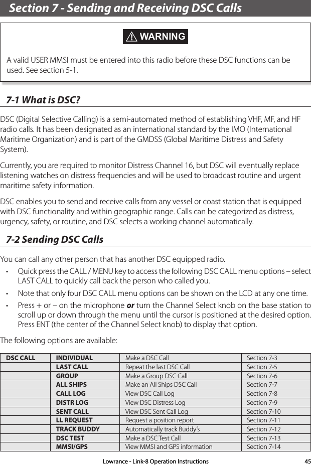 Section 7 - Sending and Receiving DSC Calls  WARNINGA valid USER MMSI must be entered into this radio before these DSC functions can be used. See section 5-1.7-1 What is DSC? DSC (Digital Selective Calling) is a semi-automated method of establishing VHF, MF, and HF radio calls. It has been designated as an international standard by the IMO (International Maritime Organization) and is part of the GMDSS (Global Maritime Distress and Safety System). Currently, you are required to monitor Distress Channel 16, but DSC will eventually replace listening watches on distress frequencies and will be used to broadcast routine and urgent maritime safety information. DSC enables you to send and receive calls from any vessel or coast station that is equipped with DSC functionality and within geographic range. Calls can be categorized as distress, urgency, safety, or routine, and DSC selects a working channel automatically. 7-2 Sending DSC CallsYou can call any other person that has another DSC equipped radio.• Quick press the CALL / MENU key to access the following DSC CALL menu options – select LAST CALL to quickly call back the person who called you.• Note that only four DSC CALL menu options can be shown on the LCD at any one time. • Press + or – on the microphone or turn the Channel Select knob on the base station to scroll up or down through the menu until the cursor is positioned at the desired option. Press ENT (the center of the Channel Select knob) to display that option.The following options are available:DSC CALL INDIVIDUAL Make a DSC Call Section 7-3LAST CALL Repeat the last DSC Call Section 7-5GROUP Make a Group DSC Call Section 7-6ALL SHIPS Make an All Ships DSC Call Section 7-7CALL LOG View DSC Call Log Section 7-8DISTR LOG View DSC Distress Log Section 7-9SENT CALL View DSC Sent Call Log Section 7-10LL REQUEST Request a position report Section 7-11TRACK BUDDY Automatically track Buddy’s Section 7-12DSC TEST Make a DSC Test Call Section 7-13MMSI/GPS View MMSI and GPS information Section 7-14Lowrance - Link-8 Operation Instructions 45