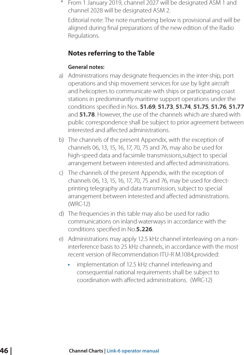 46 |  Channel Charts | Link-6 operator manual*  From 1 January 2019, channel 2027 will be designated ASM 1 and channel 2028 will be designated ASM 2.Editorial note: The note numbering below is provisional and will be aligned during ﬁnal preparations of the new edition of the Radio Regulations.Notes referring to the TableGeneral notes:a)  Administrations may designate frequencies in the inter-ship, port operations and ship movement services for use by light aircraft and helicopters to communicate with ships or participating coast stations in predominantly maritime support operations under the conditions speciﬁed in Nos. 51.69, 51.73, 51.74, 51.75, 51.76, 51.77 and 51.78. However, the use of the channels which are shared with public correspondence shall be subject to prior agreement between interested and aﬀected administrations.b)  The channels of the present Appendix, with the exception of channels 06, 13, 15, 16, 17, 70, 75 and 76, may also be used for high-speed data and facsimile transmissions,subject to special arrangement between interested and aﬀected administrations.c)  The channels of the present Appendix, with the exception of channels 06, 13, 15, 16, 17, 70, 75 and 76, may be used for direct-printing telegraphy and data transmission, subject to special arrangement between interested and aﬀected administrations.  ( W R C-12 )d)  The frequencies in this table may also be used for radio communications on inland waterways in accordance with the conditions speciﬁed in No.5.226.e)  Administrations may apply 12.5 kHz channel interleaving on a non-interference basis to 25 kHz channels, in accordance with the most recent version of Recommendation ITU-R M.1084,provided: • implementation of 12.5 kHz channel interleaving and consequential national requirements shall be subject to coordination with aﬀected administrations.  (WRC-12)