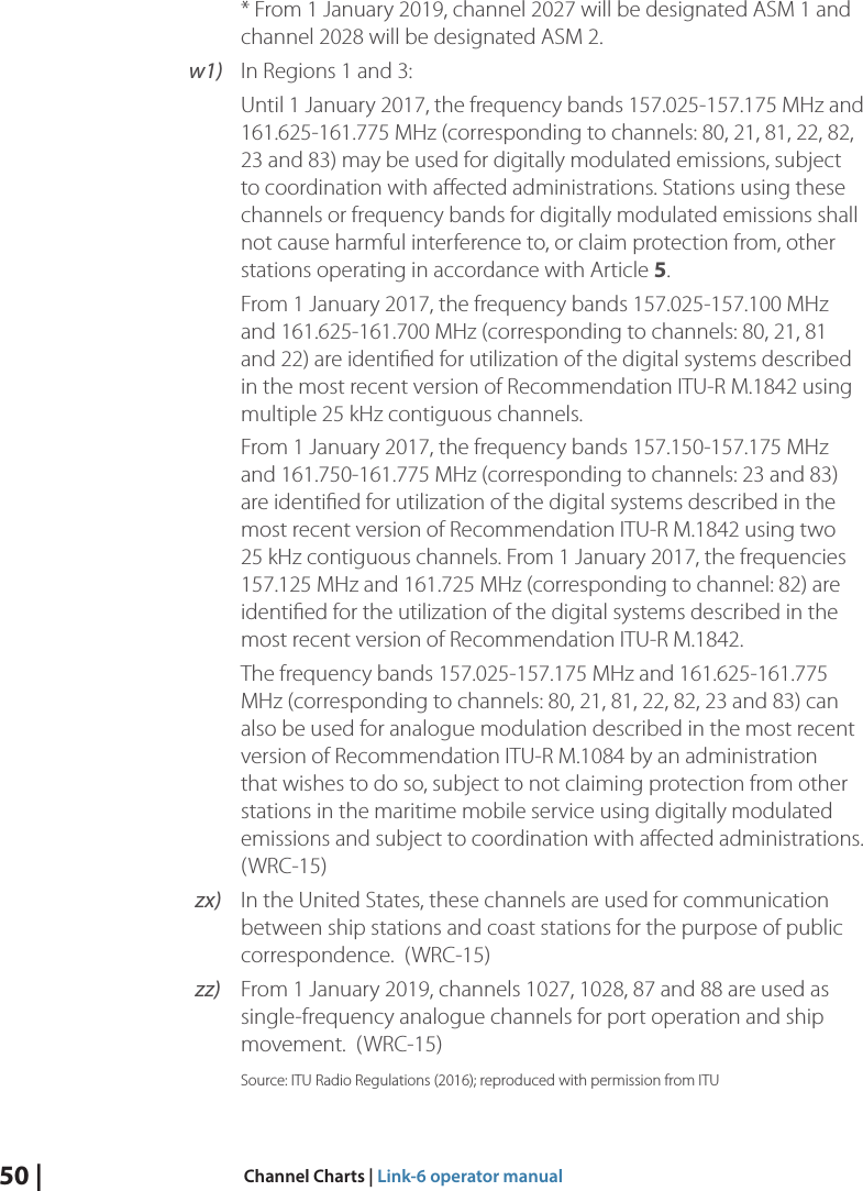 50 |  Channel Charts | Link-6 operator manual* From 1 January 2019, channel 2027 will be designated ASM 1 and channel 2028 will be designated ASM 2.w1)  In Regions 1 and 3:Until 1 January 2017, the frequency bands 157.025-157.175 MHz and 161.625-161.775 MHz (corresponding to channels: 80, 21, 81, 22, 82, 23 and 83) may be used for digitally modulated emissions, subject to coordination with aﬀected administrations. Stations using these channels or frequency bands for digitally modulated emissions shall not cause harmful interference to, or claim protection from, other stations operating in accordance with Article 5.From 1 January 2017, the frequency bands 157.025-157.100 MHz and 161.625-161.700 MHz (corresponding to channels: 80, 21, 81 and 22) are identiﬁed for utilization of the digital systems described in the most recent version of Recommendation ITU-R M.1842 using multiple 25 kHz contiguous channels.From 1 January 2017, the frequency bands 157.150-157.175 MHz and 161.750-161.775 MHz (corresponding to channels: 23 and 83) are identiﬁed for utilization of the digital systems described in the most recent version of Recommendation ITU-R M.1842 using two 25 kHz contiguous channels. From 1 January 2017, the frequencies 157.125 MHz and 161.725 MHz (corresponding to channel: 82) are identiﬁed for the utilization of the digital systems described in the most recent version of Recommendation ITU-R M.1842.The frequency bands 157.025-157.175 MHz and 161.625-161.775 MHz (corresponding to channels: 80, 21, 81, 22, 82, 23 and 83) can also be used for analogue modulation described in the most recent version of Recommendation ITU-R M.1084 by an administration that wishes to do so, subject to not claiming protection from other stations in the maritime mobile service using digitally modulated emissions and subject to coordination with aﬀected administrations. (WRC-15)zx)  In the United States, these channels are used for communication between ship stations and coast stations for the purpose of public correspondence.  (WRC-15)zz)  From 1 January 2019, channels 1027, 1028, 87 and 88 are used as single-frequency analogue channels for port operation and ship movement.  (WRC-15)Source: ITU Radio Regulations (2016); reproduced with permission from ITU