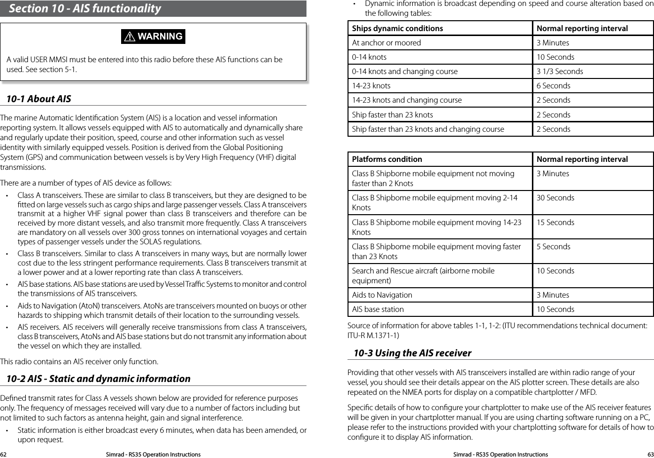 Section 10 - AIS functionality WARNINGA valid USER MMSI must be entered into this radio before these AIS functions can be used. See section 5-1. 10-1 About AISThe marine Automatic Identiﬁcation System (AIS) is a location and vessel information reporting system. It allows vessels equipped with AIS to automatically and dynamically share and regularly update their position, speed, course and other information such as vessel identity with similarly equipped vessels. Position is derived from the Global Positioning System (GPS) and communication between vessels is by Very High Frequency (VHF) digital transmissions.There are a number of types of AIS device as follows:• Class A transceivers. These are similar to class B transceivers, but they are designed to be ﬁtted on large vessels such as cargo ships and large passenger vessels. Class A transceivers transmit at a higher VHF signal power than class B transceivers and therefore can be received by more distant vessels, and also transmit more frequently. Class A transceivers are mandatory on all vessels over 300 gross tonnes on international voyages and certain types of passenger vessels under the SOLAS regulations.• Class B transceivers. Similar to class A transceivers in many ways, but are normally lower cost due to the less stringent performance requirements. Class B transceivers transmit at a lower power and at a lower reporting rate than class A transceivers.• AIS base stations. AIS base stations are used by Vessel Traﬃc Systems to monitor and control the transmissions of AIS transceivers.• Aids to Navigation (AtoN) transceivers. AtoNs are transceivers mounted on buoys or other hazards to shipping which transmit details of their location to the surrounding vessels.• AIS receivers. AIS receivers will generally receive transmissions from class A transceivers, class B transceivers, AtoNs and AIS base stations but do not transmit any information about the vessel on which they are installed.This radio contains an AIS receiver only function.10-2 AIS - Static and dynamic informationDeﬁned transmit rates for Class A vessels shown below are provided for reference purposes only. The frequency of messages received will vary due to a number of factors including but not limited to such factors as antenna height, gain and signal interference.• Static information is either broadcast every 6 minutes, when data has been amended, or upon request.• Dynamic information is broadcast depending on speed and course alteration based on the following tables:Ships dynamic conditions                            Normal reporting intervalAt anchor or moored 3 Minutes0-14 knots 10 Seconds0-14 knots and changing course 3 1/3 Seconds14-23 knots 6 Seconds14-23 knots and changing course 2 Seconds             Ship faster than 23 knots 2 SecondsShip faster than 23 knots and changing course 2 SecondsPlatforms condition Normal reporting intervalClass B Shipborne mobile equipment not moving faster than 2 Knots3 MinutesClass B Shipbome mobile equipment moving 2-14 Knots30 SecondsClass B Shipbome mobile equipment moving 14-23 Knots15 SecondsClass B Shipbome mobile equipment moving faster than 23 Knots5 SecondsSearch and Rescue aircraft (airborne mobile equipment)10 SecondsAids to Navigation 3 MinutesAIS base station 10 SecondsSource of information for above tables 1-1, 1-2: (ITU recommendations technical document: ITU-R M.1371-1)10-3 Using the AIS receiverProviding that other vessels with AIS transceivers installed are within radio range of your vessel, you should see their details appear on the AIS plotter screen. These details are also repeated on the NMEA ports for display on a compatible chartplotter / MFD.Speciﬁc details of how to conﬁgure your chartplotter to make use of the AIS receiver features will be given in your chartplotter manual. If you are using charting software running on a PC, please refer to the instructions provided with your chartplotting software for details of how to conﬁgure it to display AIS information.Simrad - RS35 Operation InstructionsSimrad - RS35 Operation Instructions 6362